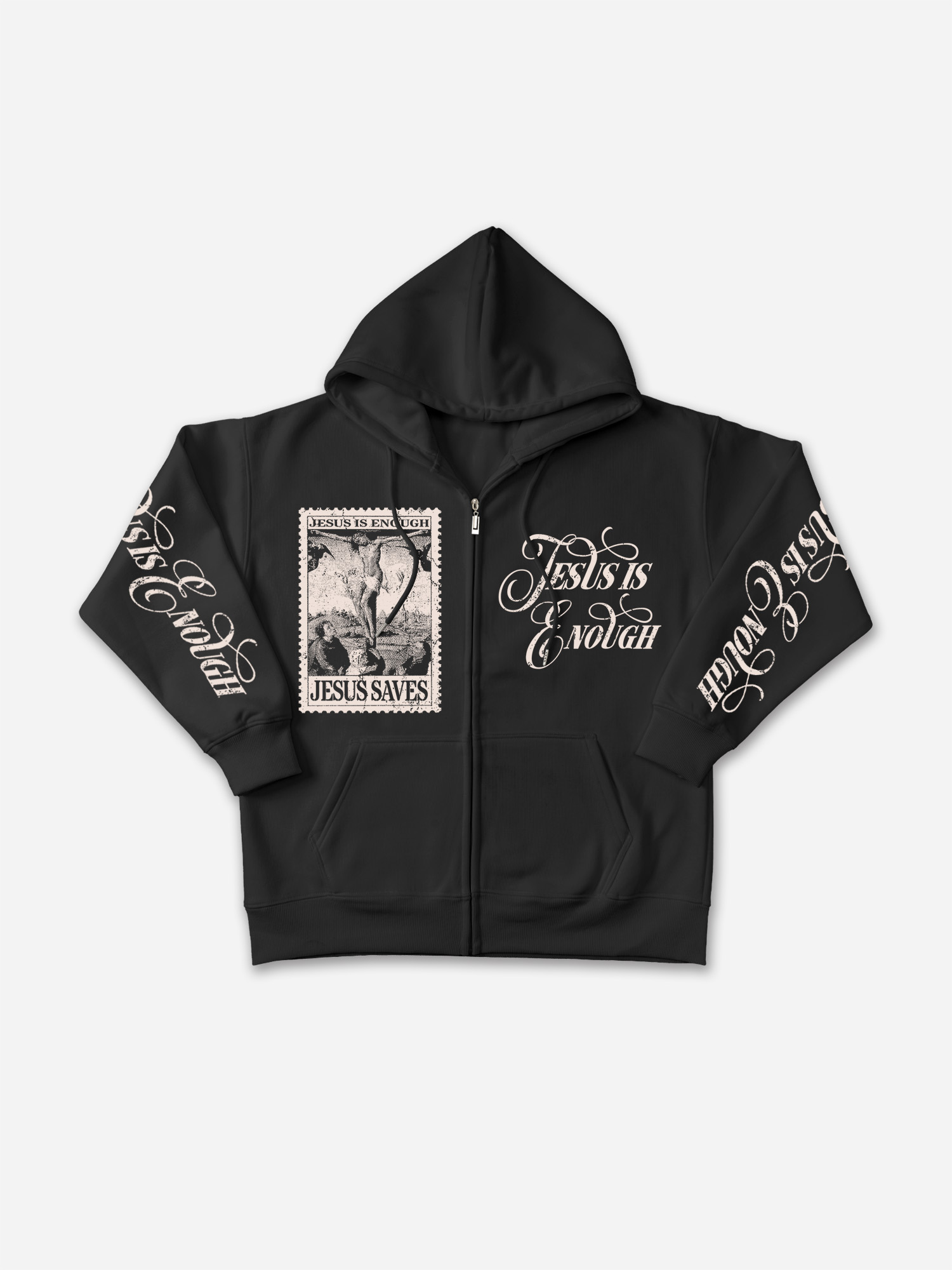 Jesus Saves Stamp Graphic Zip-up Hoodie - Polyester Vintage Short Sleeve V-Neck