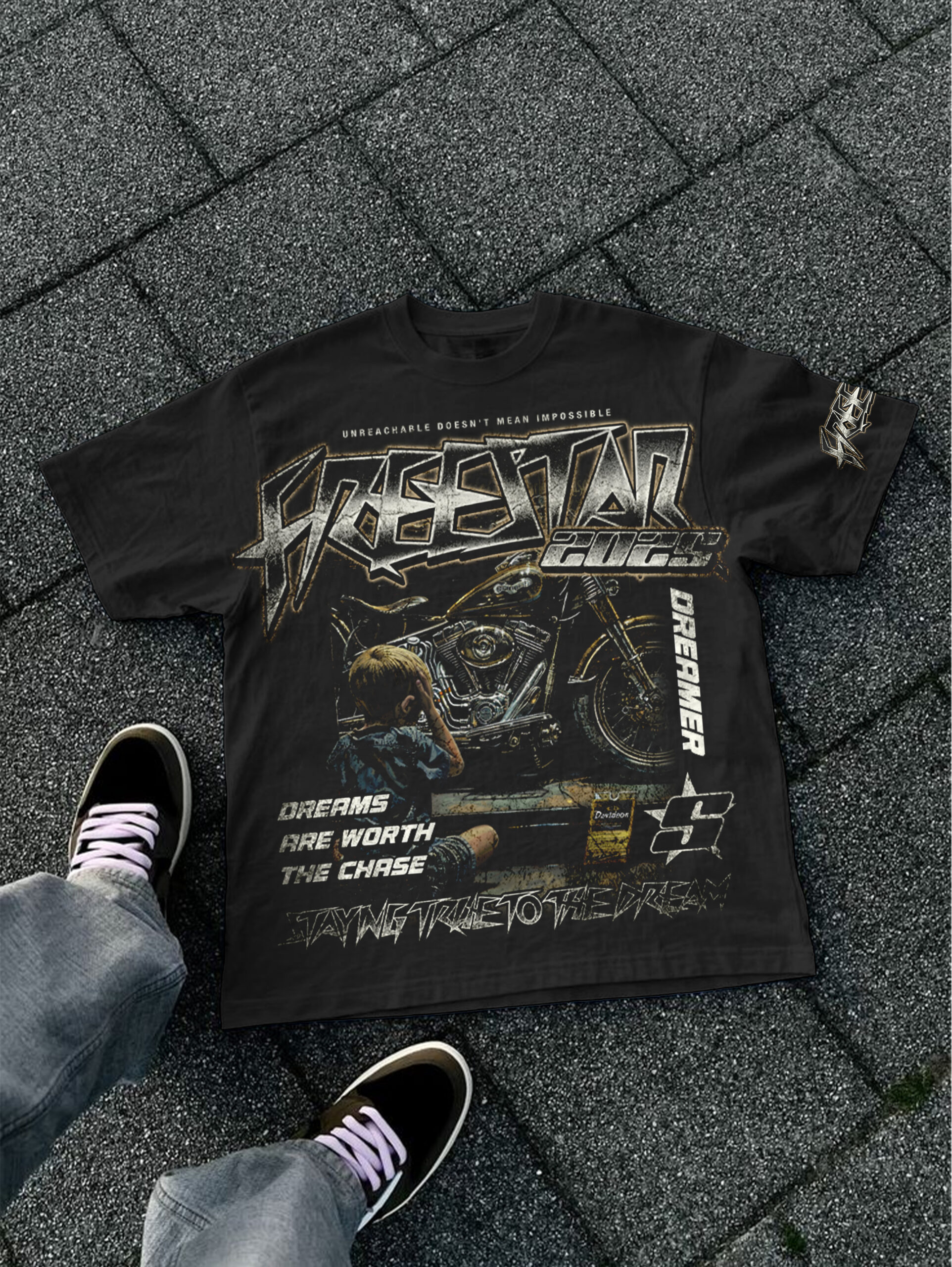 Little Boy's Free Star Motorcycle Dream Vintage Graphic Cotton T-Shirt V-Neck Short Sleeve