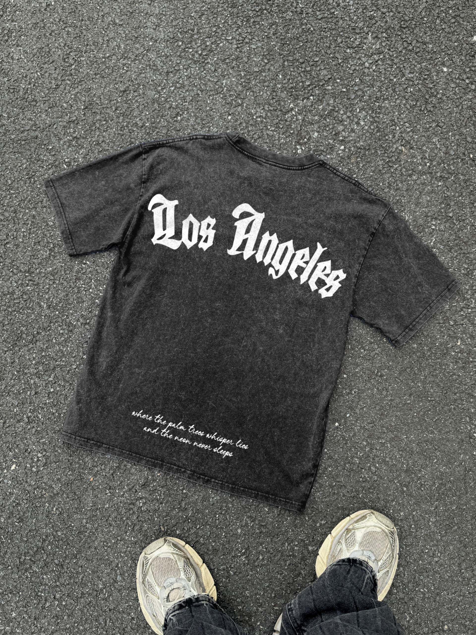 Los Angeles Graphic Acid Washed V-Neck T-Shirt - Polyester Short Sleeve