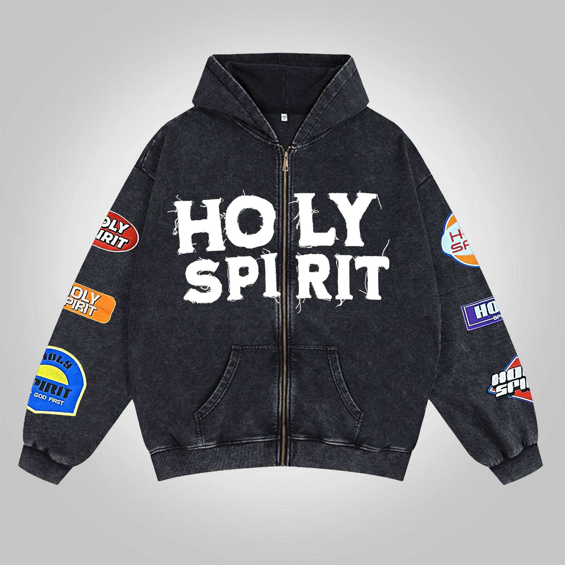 Men's Oversized Holy Spirit Graphic Vintage Washed Zip-Up Hoodie Polyester Short Sleeve
