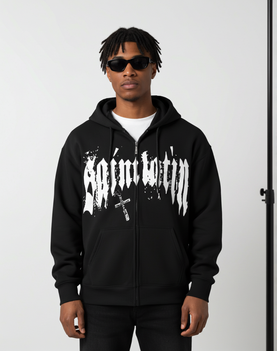 Men's Oversized Y2K Trendy Cross Graphic Zip-Up Hoodie Polyester Short Sleeve