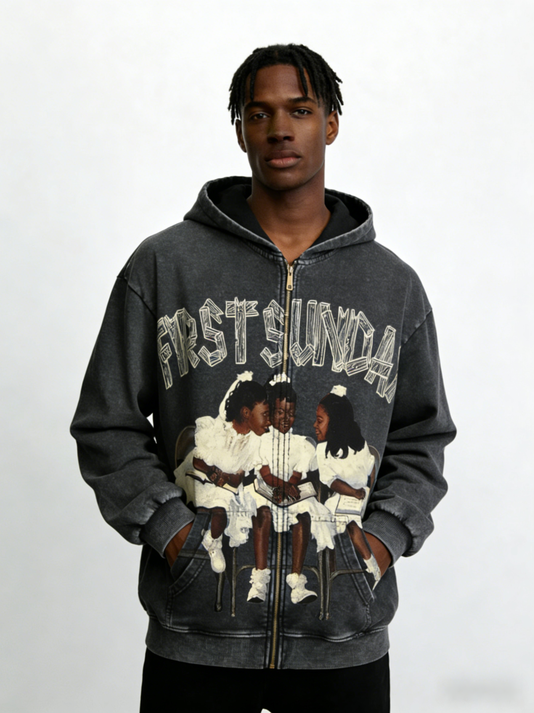 Men's Streetwear First Sunday Acid Wash Zip-Up Hoodie Vintage Polyester Short Sleeve