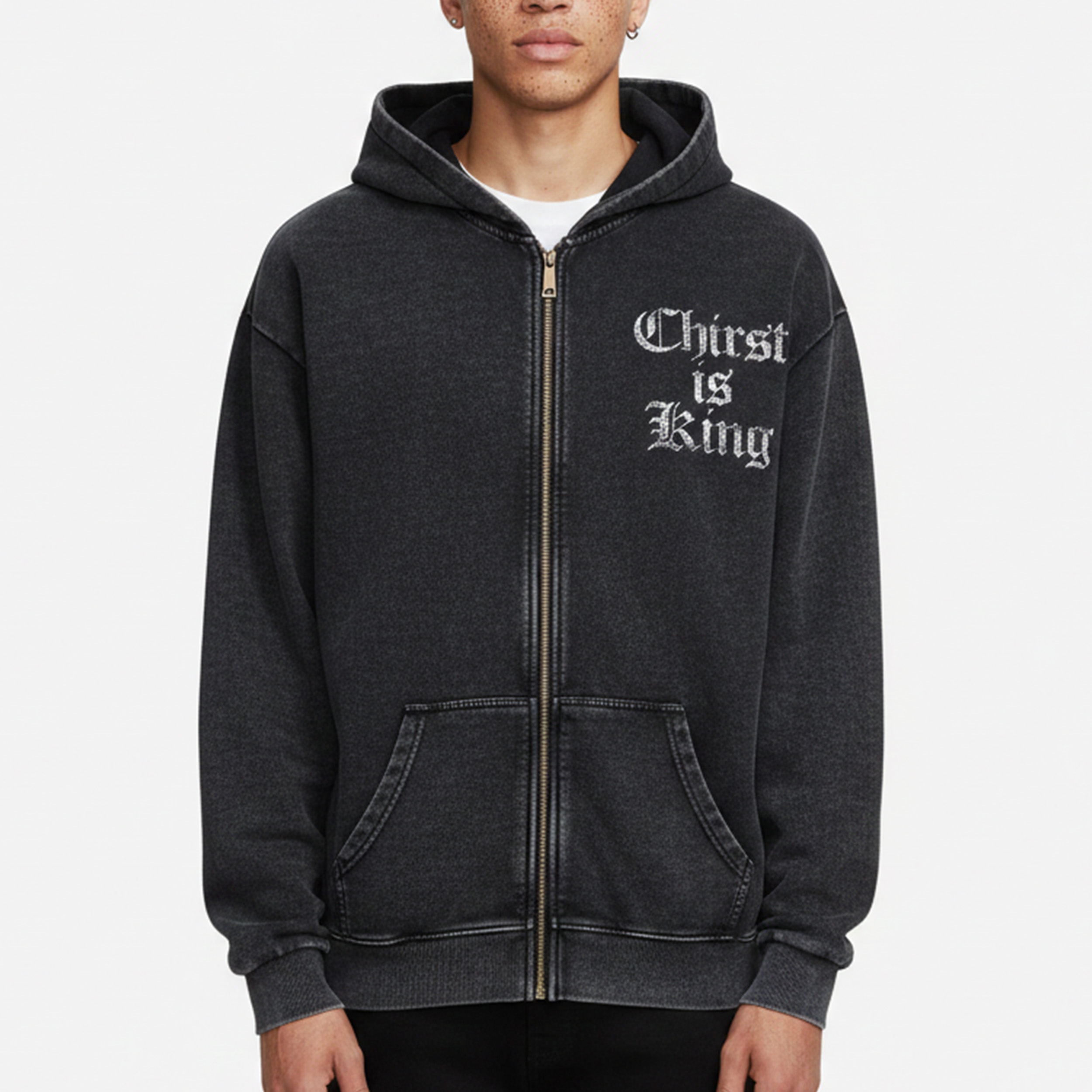 Men's Vintage Christ Is King Washed Zip-Up Hoodie Polyester Short Sleeve