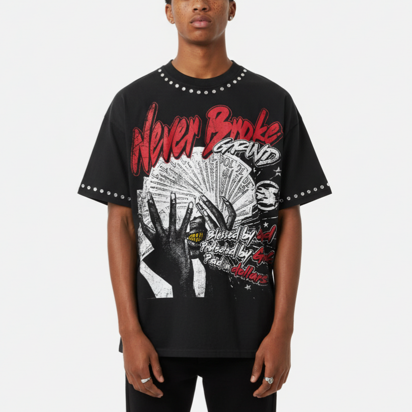 Never Broke God Dollar Vintage Rhinestone Graphic V-Neck Cotton T-Shirt - Short Sleeve