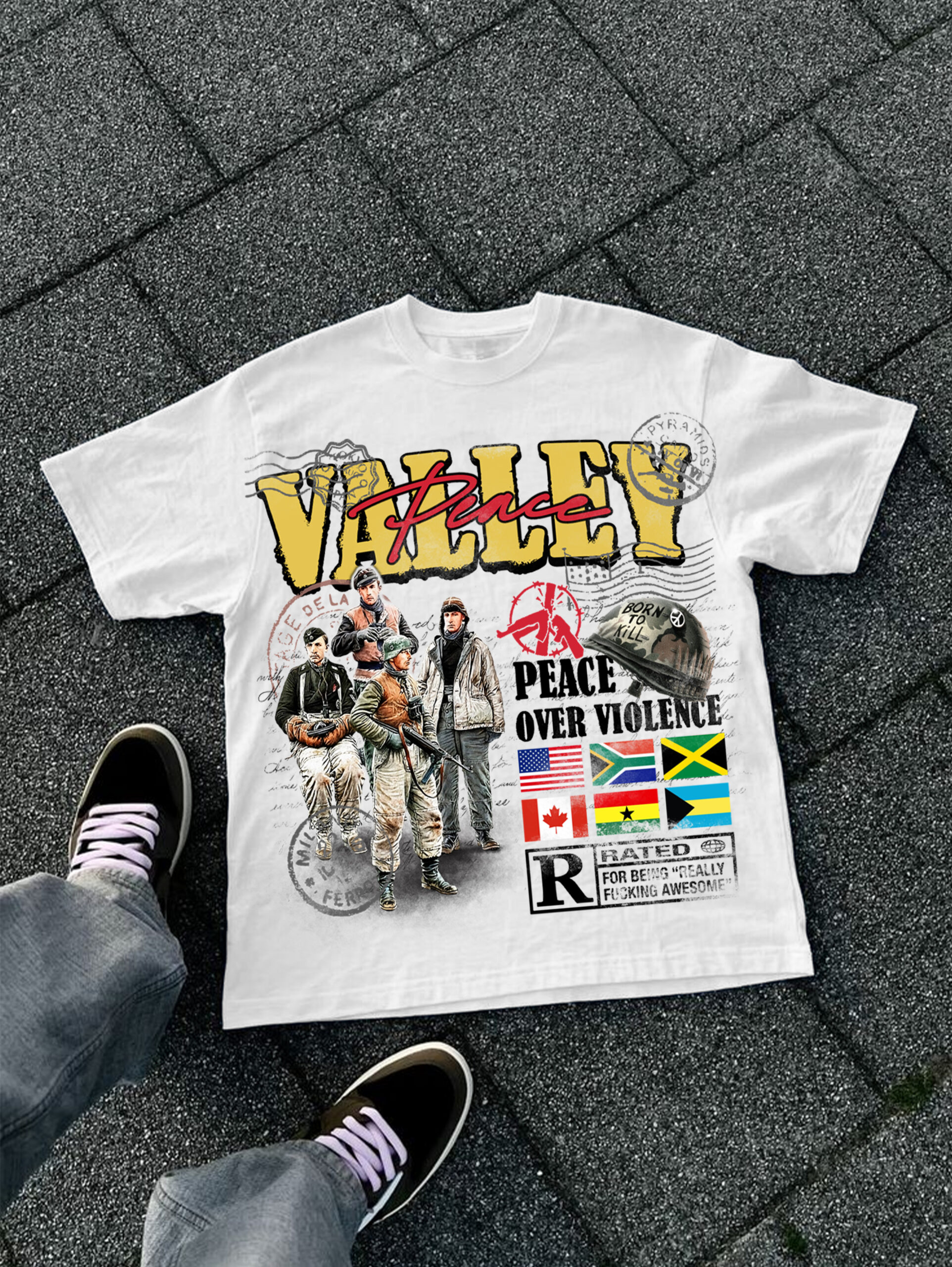 Peace Over Violence War Figures Vintage Graphic V-Neck Cotton T-Shirt Short Sleeve