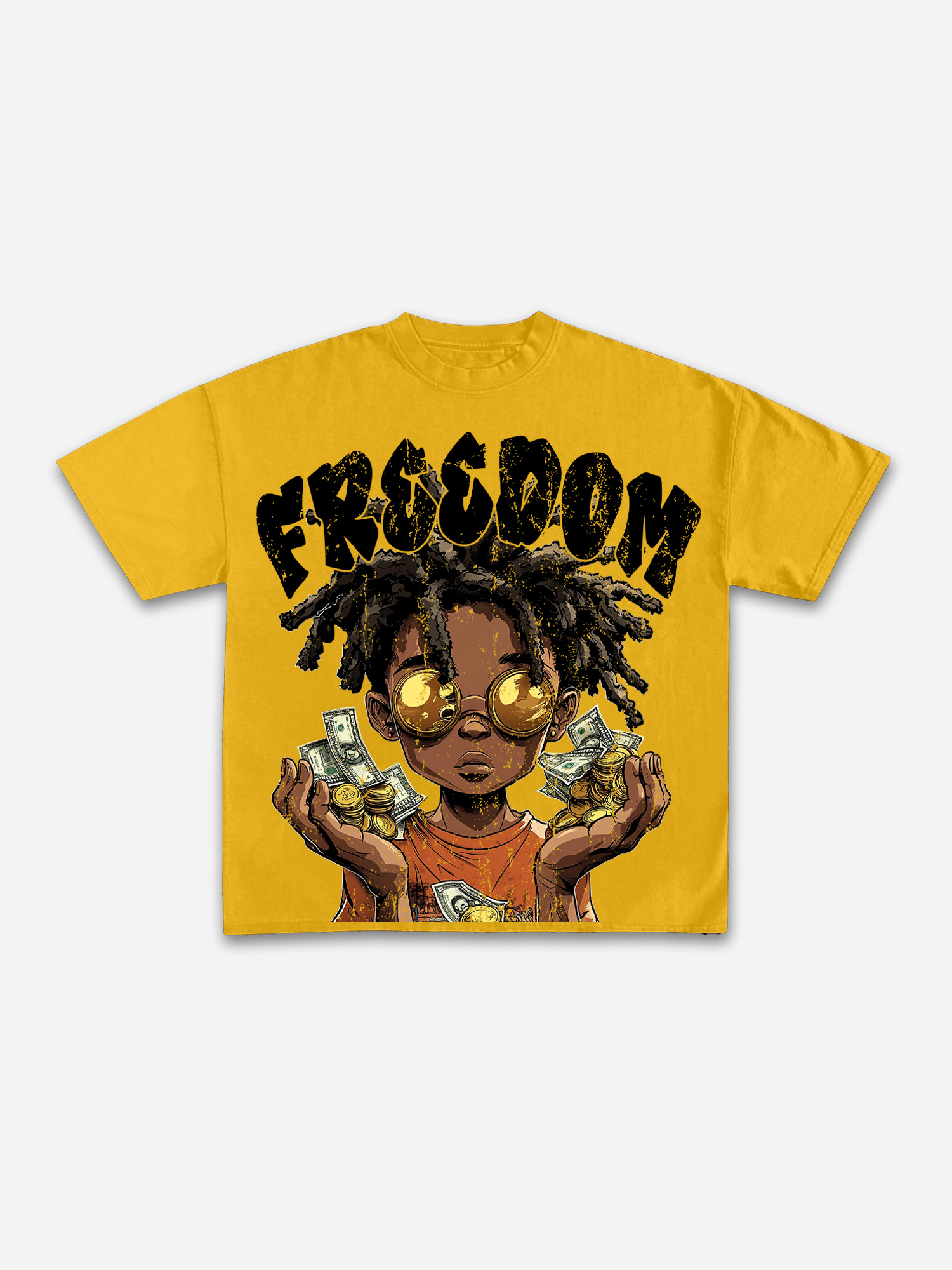 Rich Boy Freedom Graphic V-Neck Short Sleeve Polyester T-Shirt Vintage Streetwear