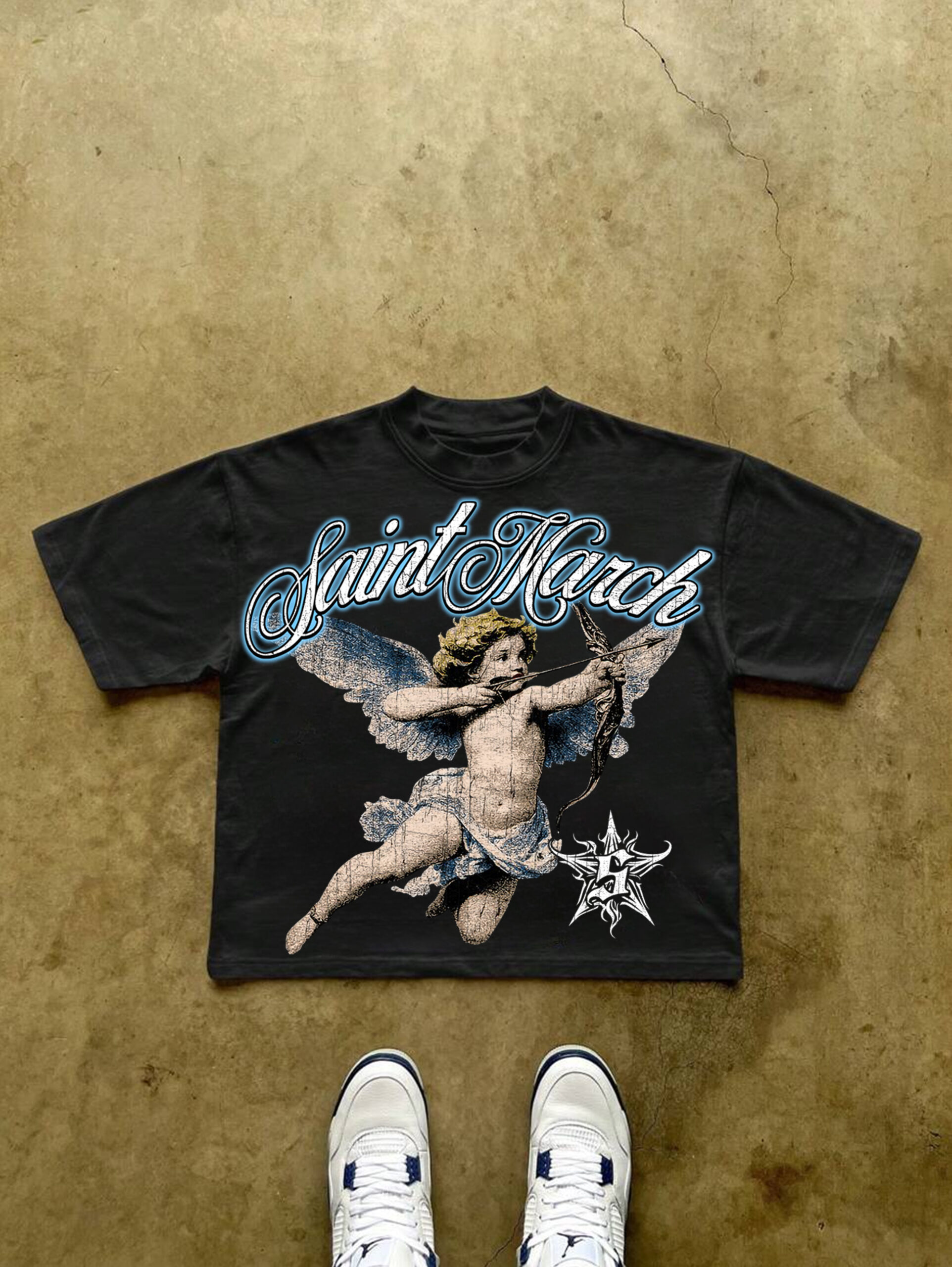 Saint March Angel Graphic Cropped V-Neck T-Shirt - Polyester Short Sleeve Vintage Streetwear