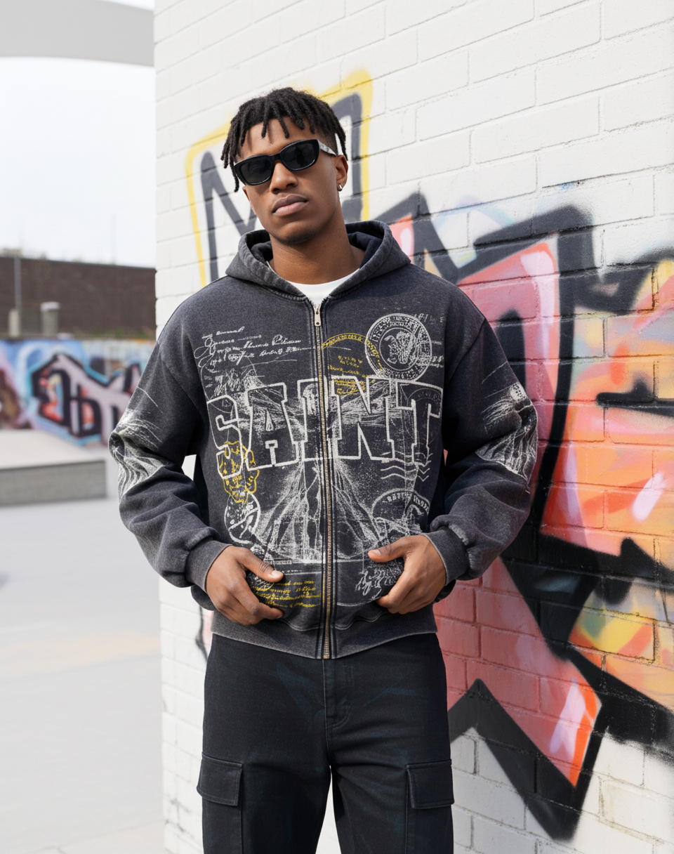 Saints Vitruvian Man Vintage Graphic Acid Washed Oversized Zip-up Hoodie