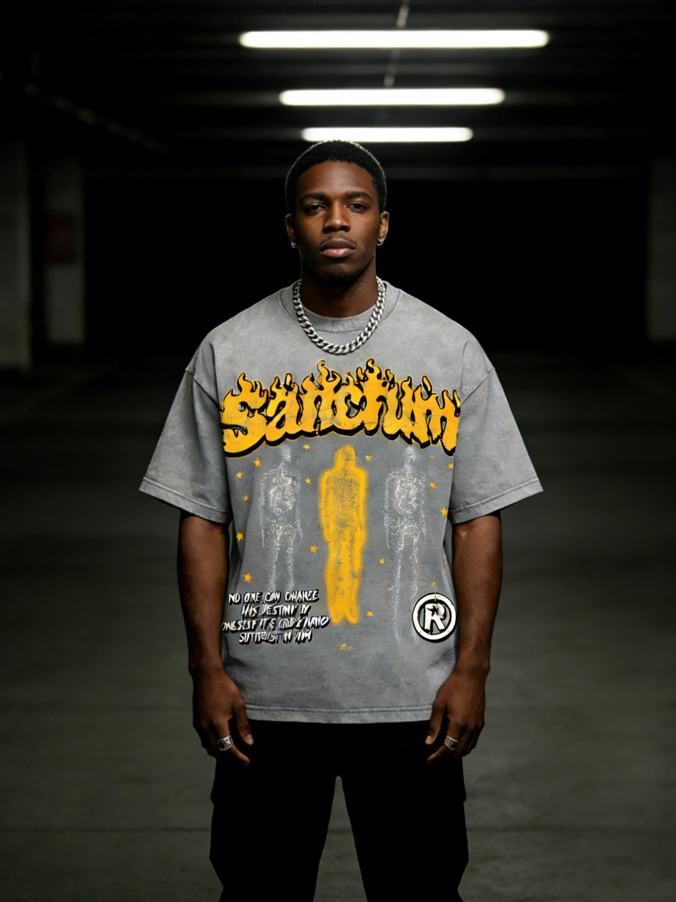 Sanctum God-Centered Vintage Graphic Acid Washed V-Neck T-Shirt Polyester Short Sleeve