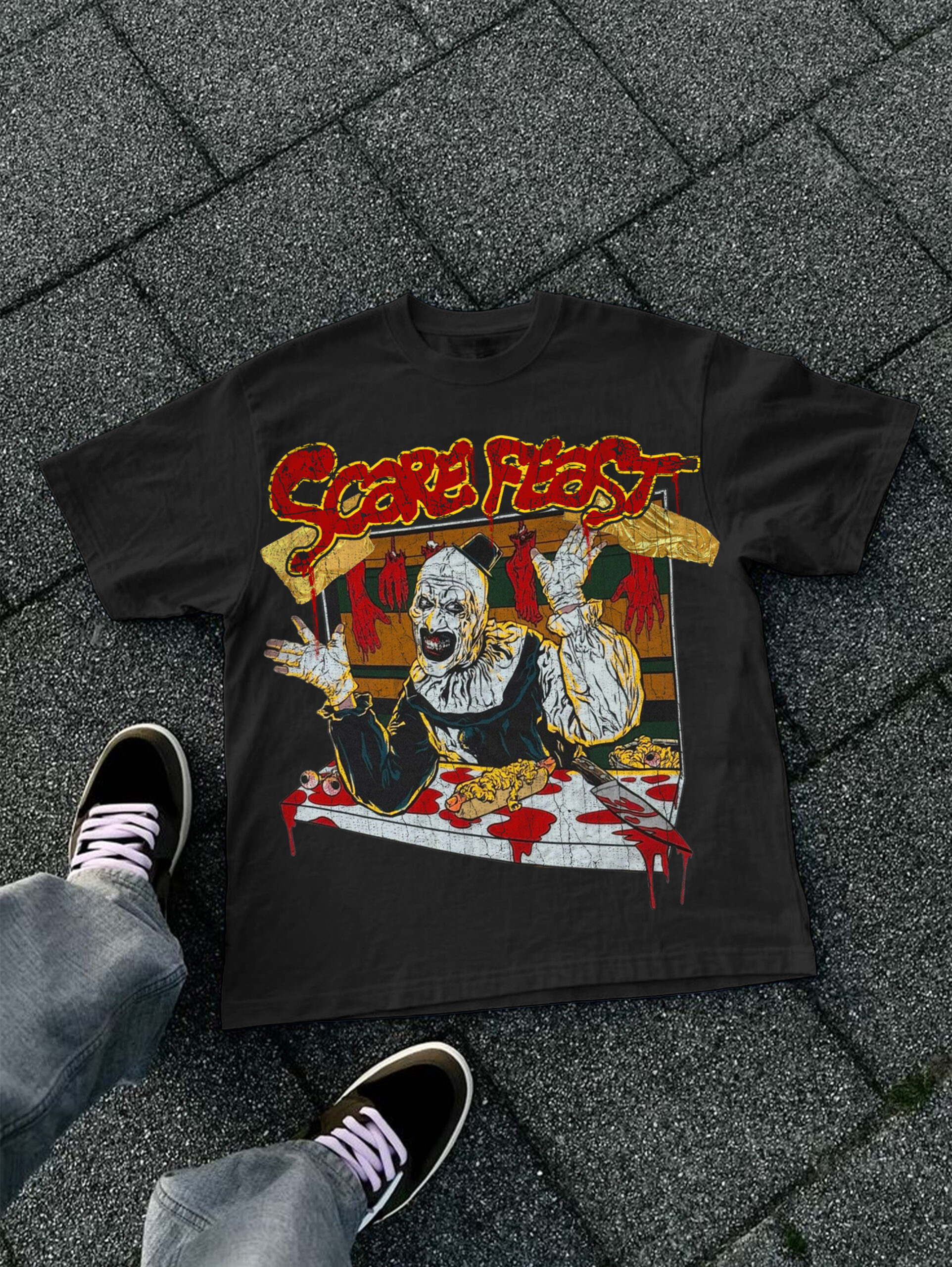 Scare Feast Graphic V-Neck Short Sleeve Polyester T-Shirt Vintage Streetwear