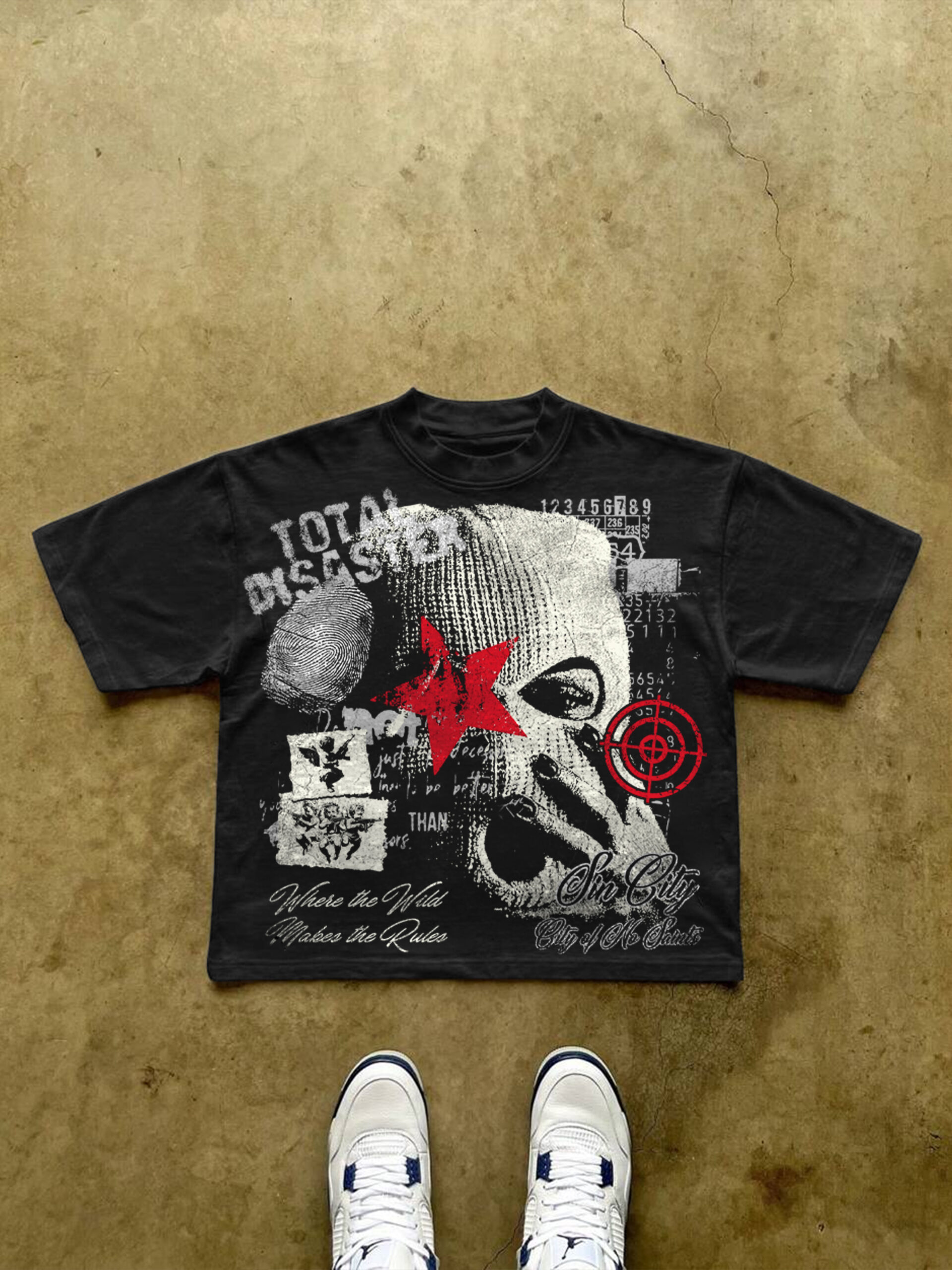 Sin City Gangster Mask Vintage Graphic Cropped V-Neck T-Shirt Polyester Short Sleeve