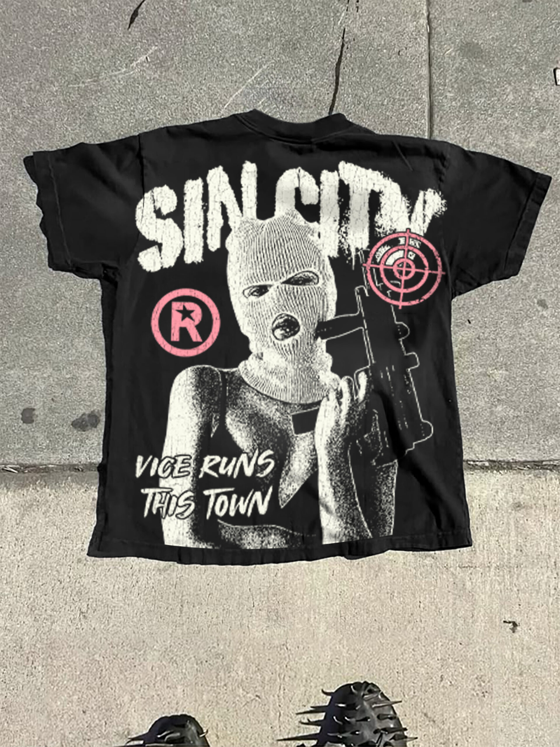 Sin City Vice Runs This Town Gangster Streets Vintage Graphic Oversized V-Neck Cotton T-Shirt
