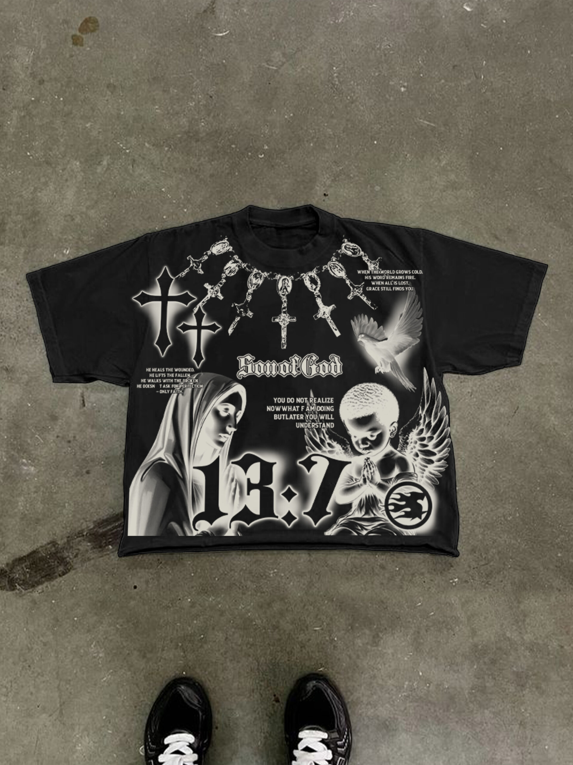 Son of God Virgin Bible Y2K Vintage Graffiti Graphic Cropped V-Neck T-Shirt - Polyester Short Sleeve