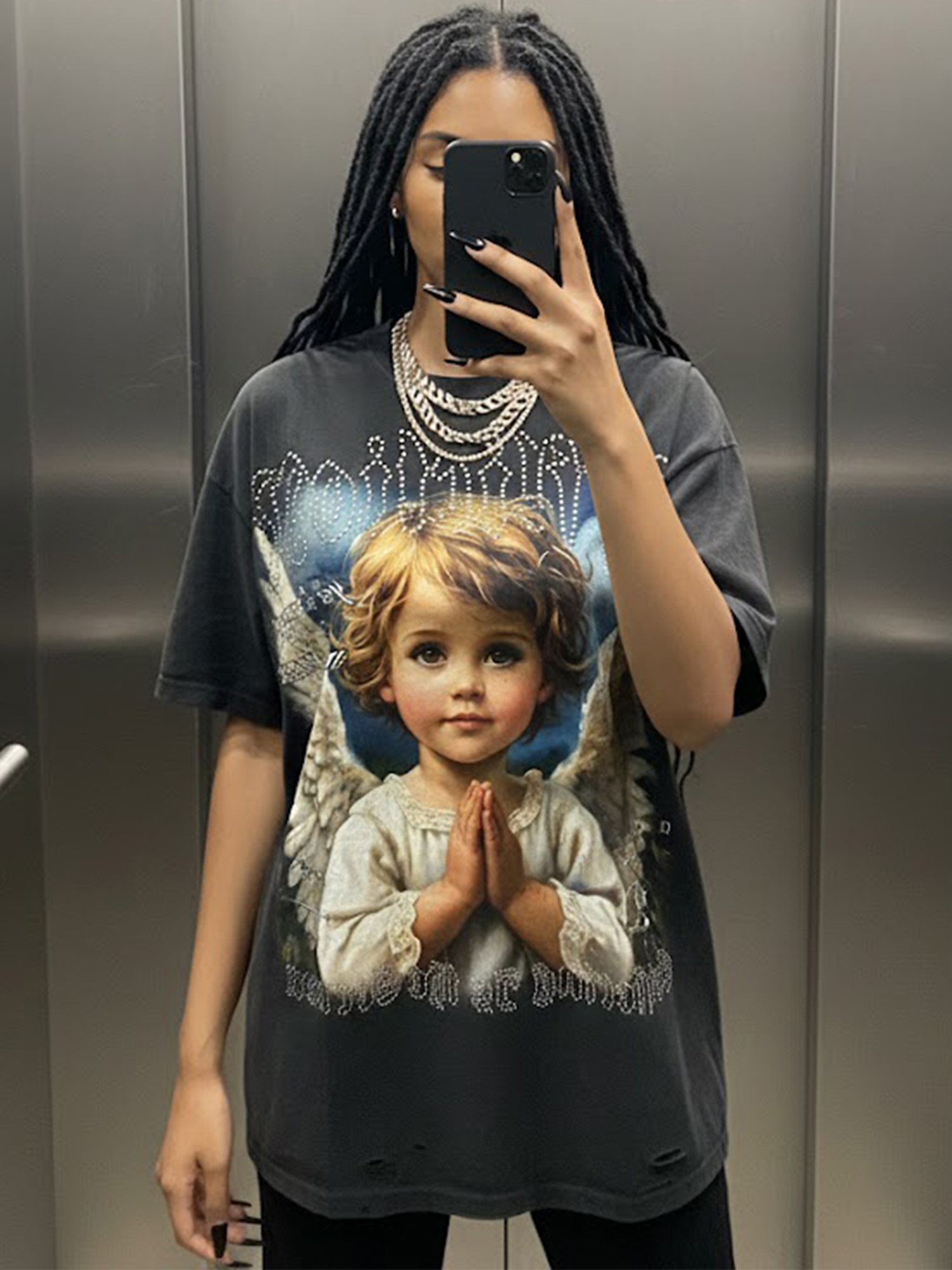 Sopula Affliction Prayer Angel Vintage Rhinestone Font Graphic Cotton T-Shirt V-Neck Short Sleeve