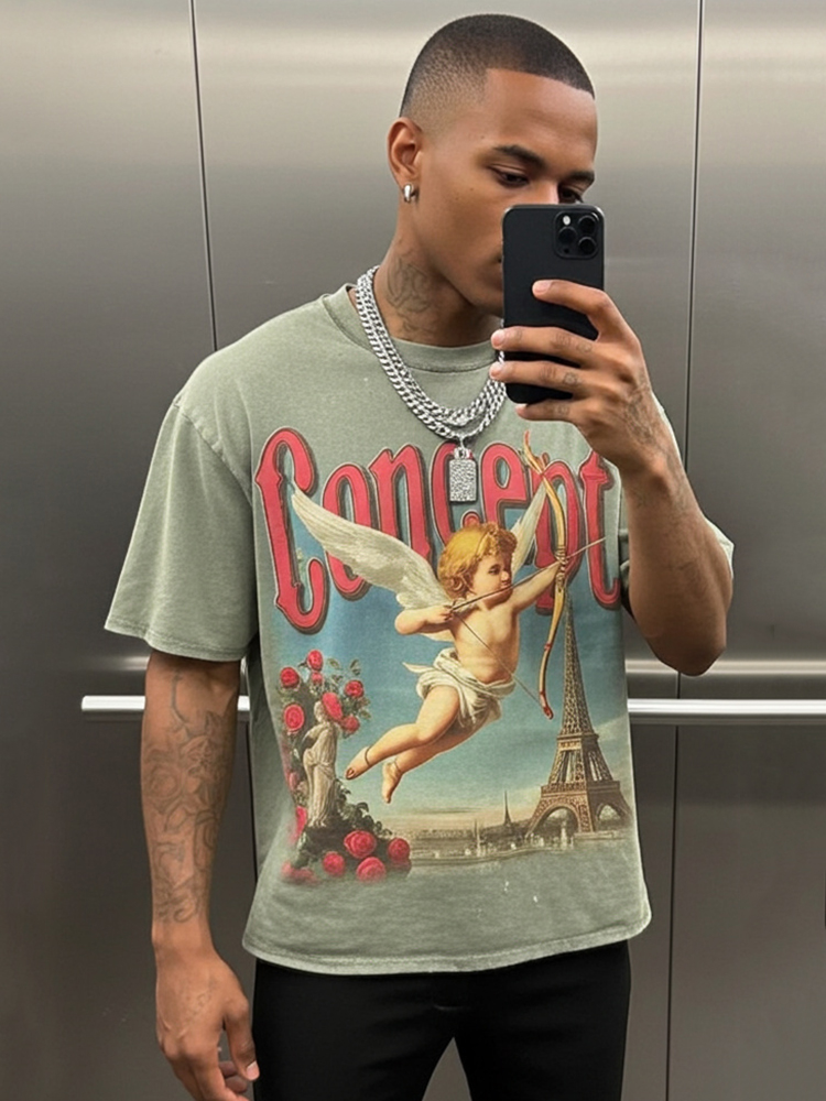 Sopula Angel Graphic Curled Washed V-Neck T-Shirt Polyester Short Sleeve Vintage Summer Tee