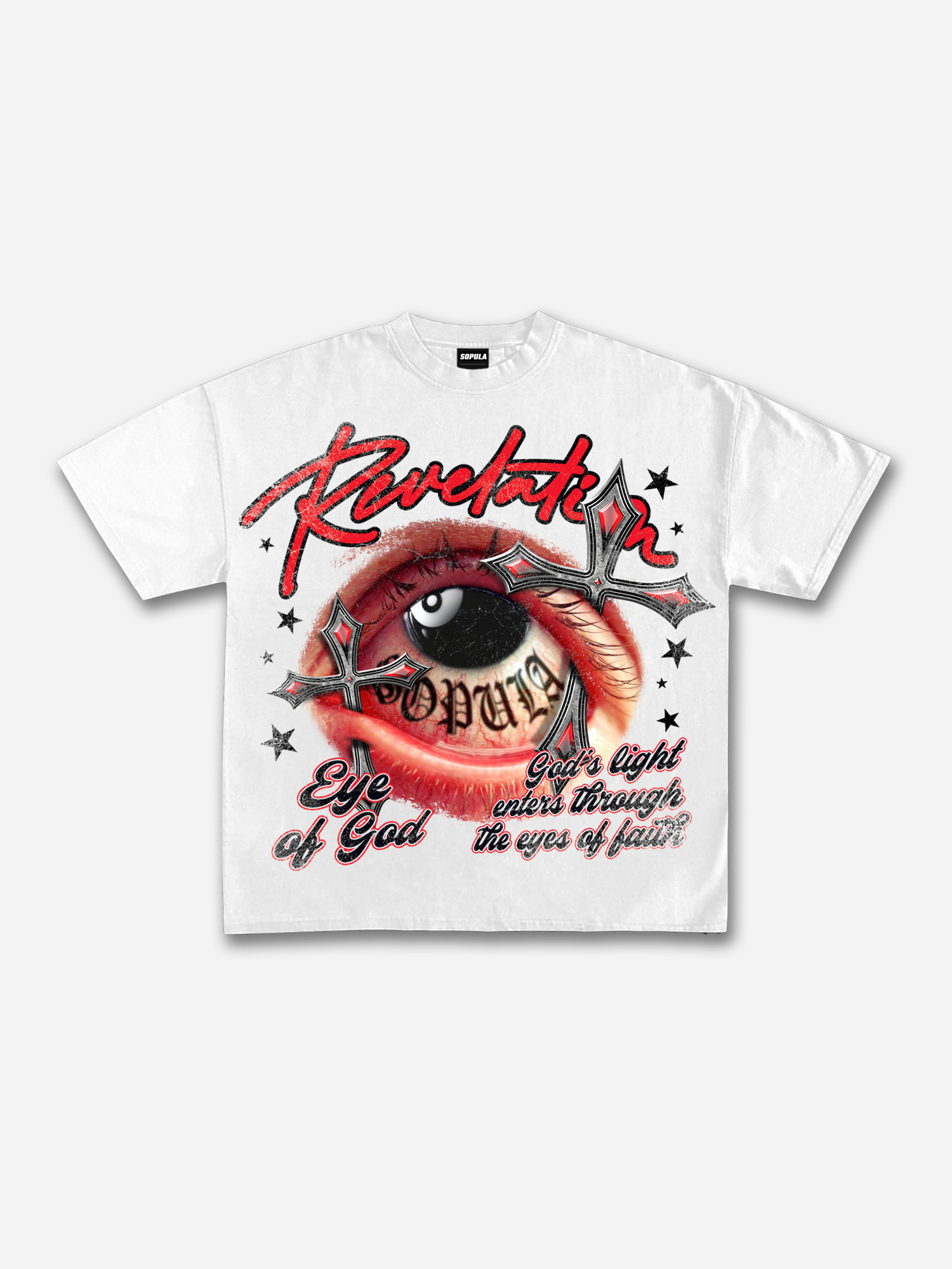 Sopula Black No. 8 Cross Vintage Eyes Graphic V-Neck T-Shirt - Polyester Short Sleeve