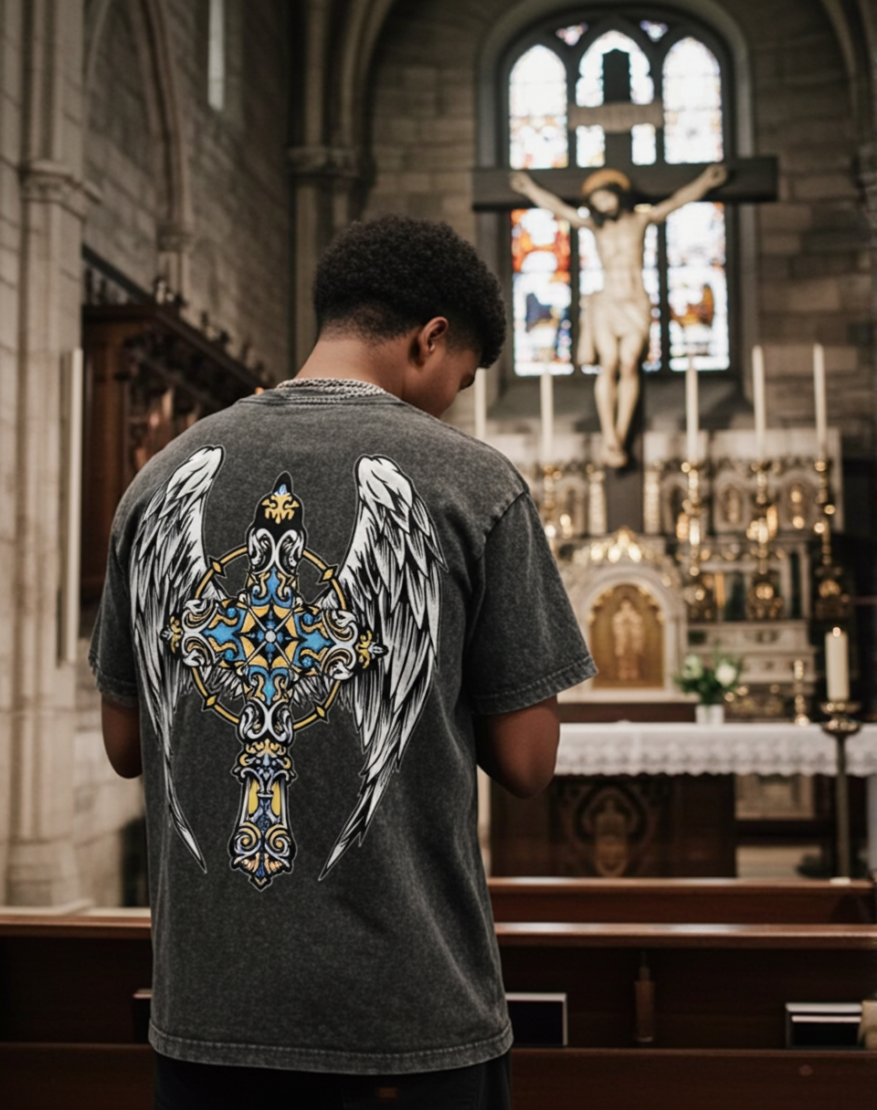 Sopula Colorful Gothic Cross Graphic Acid Washed V-Neck T-Shirt Polyester Short Sleeve