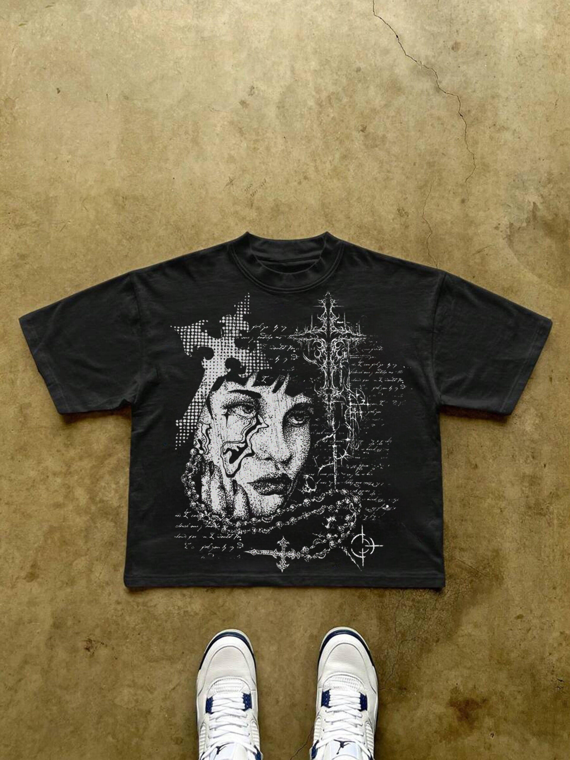 Sopula Cross Abstract Portrait Vintage Graphic Cropped T-Shirt - Polyester V-Neck Short Sleeve