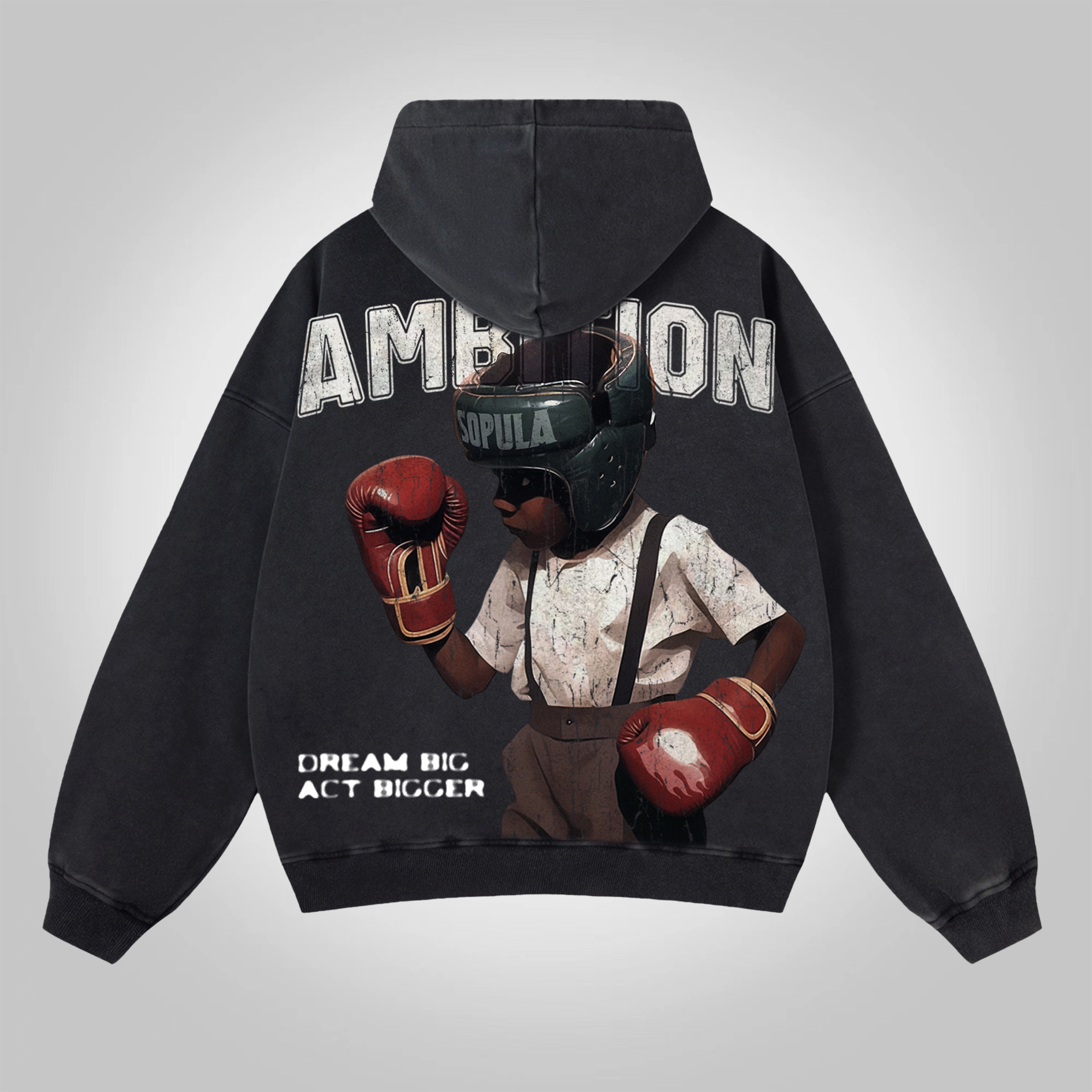 Sopula Dream Big Act Bigger Boxer Graphic Washed Zip-Up Hoodie - Vintage Polyester Short Sleeve V-Neck