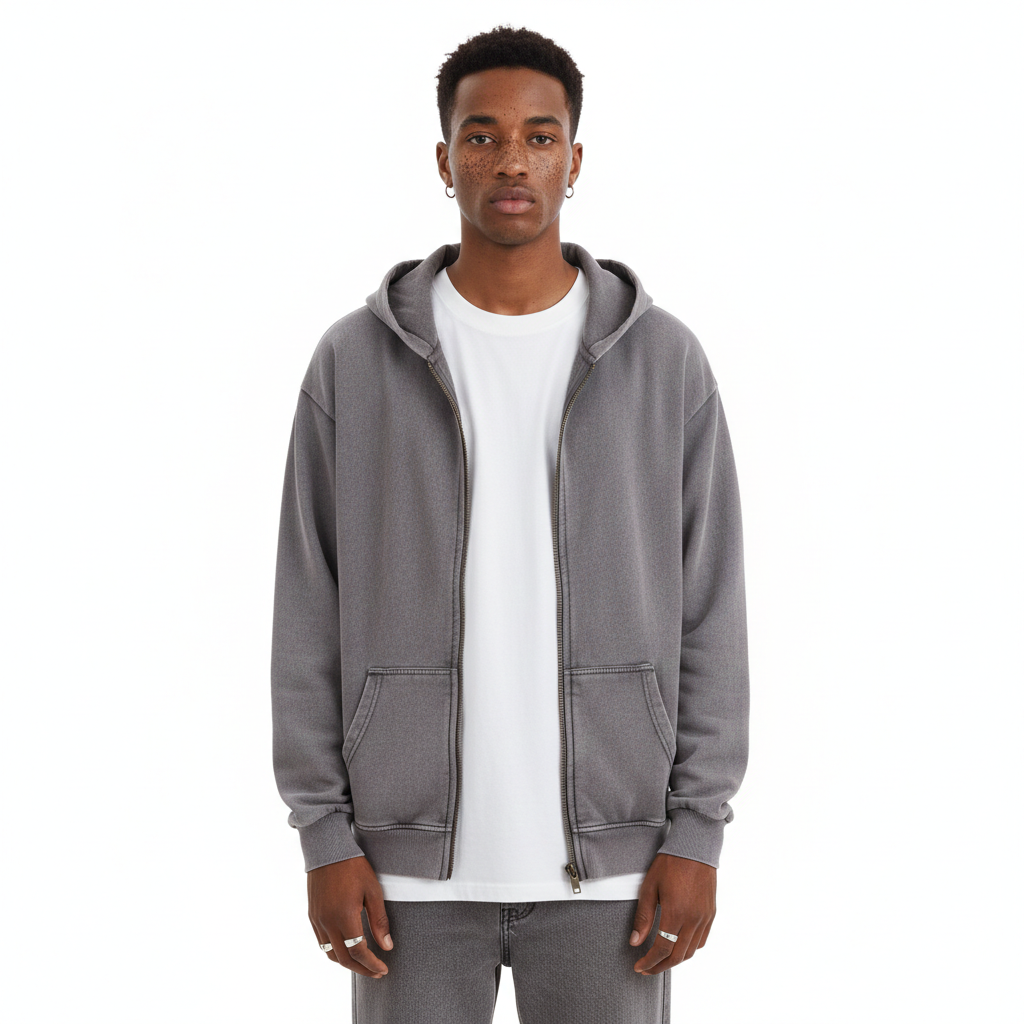 Sopula Essential Washed Cotton Zip-Up Hoodie - Vintage Short Sleeve V-Neck Streetwear