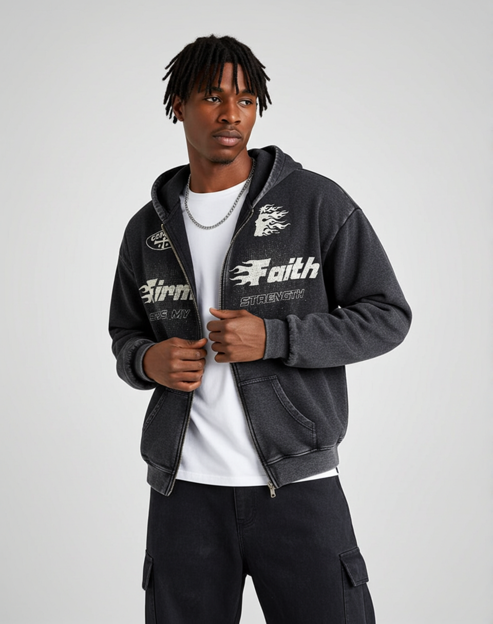 Sopula Flame Jesus Graphic Firm Faith Washed Zip-Up Hoodie - Polyester Vintage Streetwear