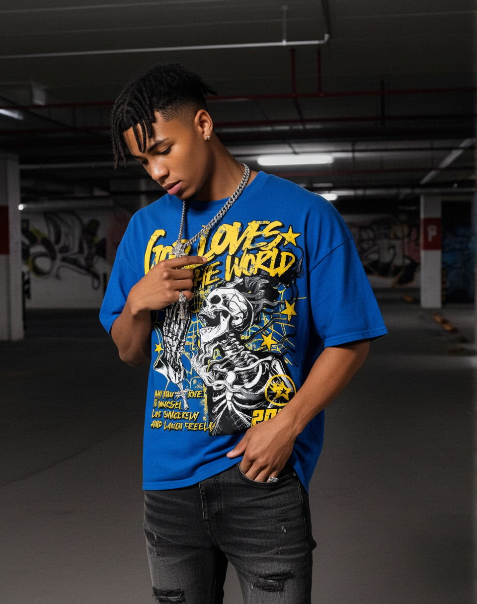 Sopula God Loves The World Flaming Skull Retro Vintage Graphic V-Neck Cotton T-Shirt