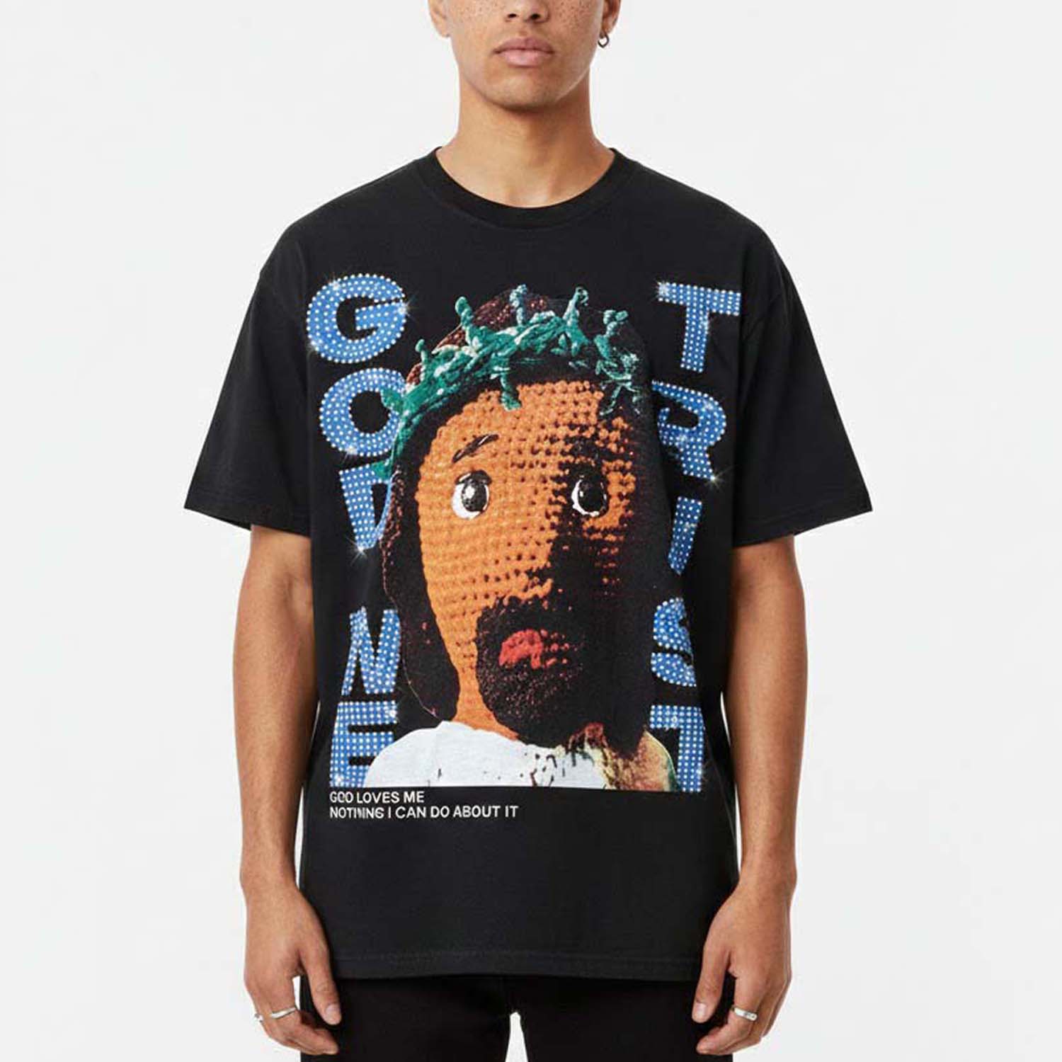 Sopula God We Trust Jesus Diamond Graphic V-Neck T-Shirt - Polyester Short Sleeve