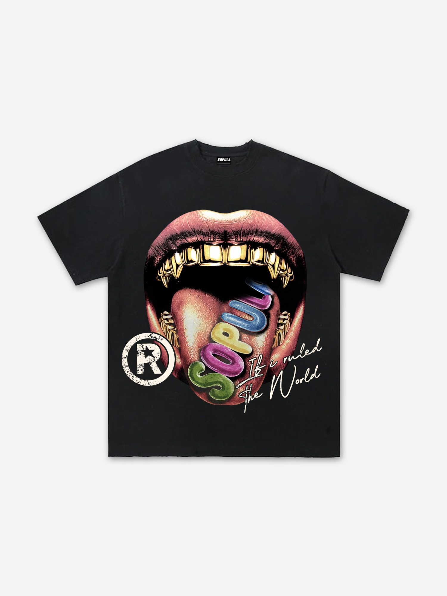 Sopula Gold Braces Lips Retro Graphic Heavyweight V-Neck T-Shirt Polyester Short Sleeve