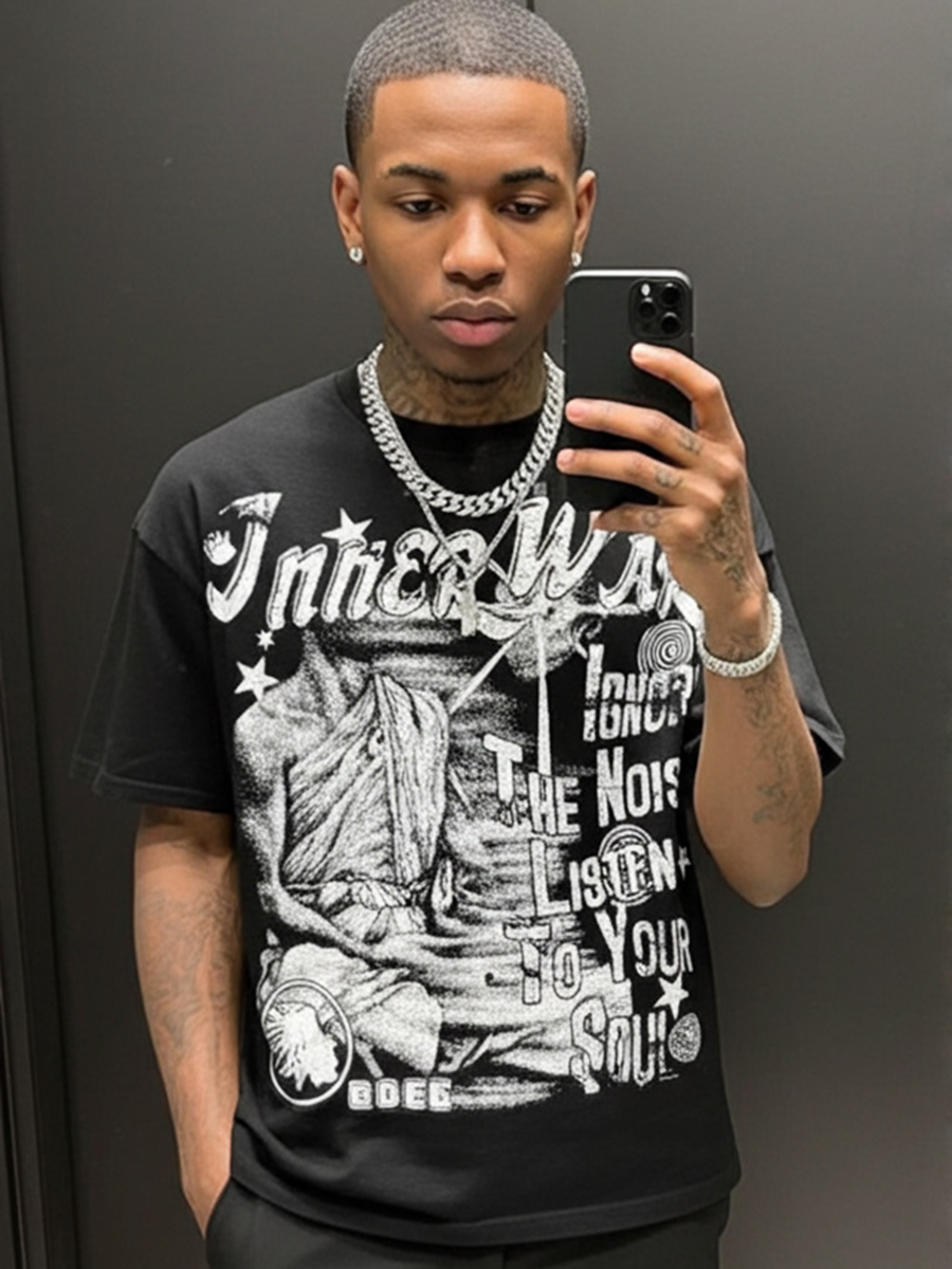 Sopula Ignore The Noise Vintage Print Pattern V-Neck Short Sleeve Polyester T-Shirt