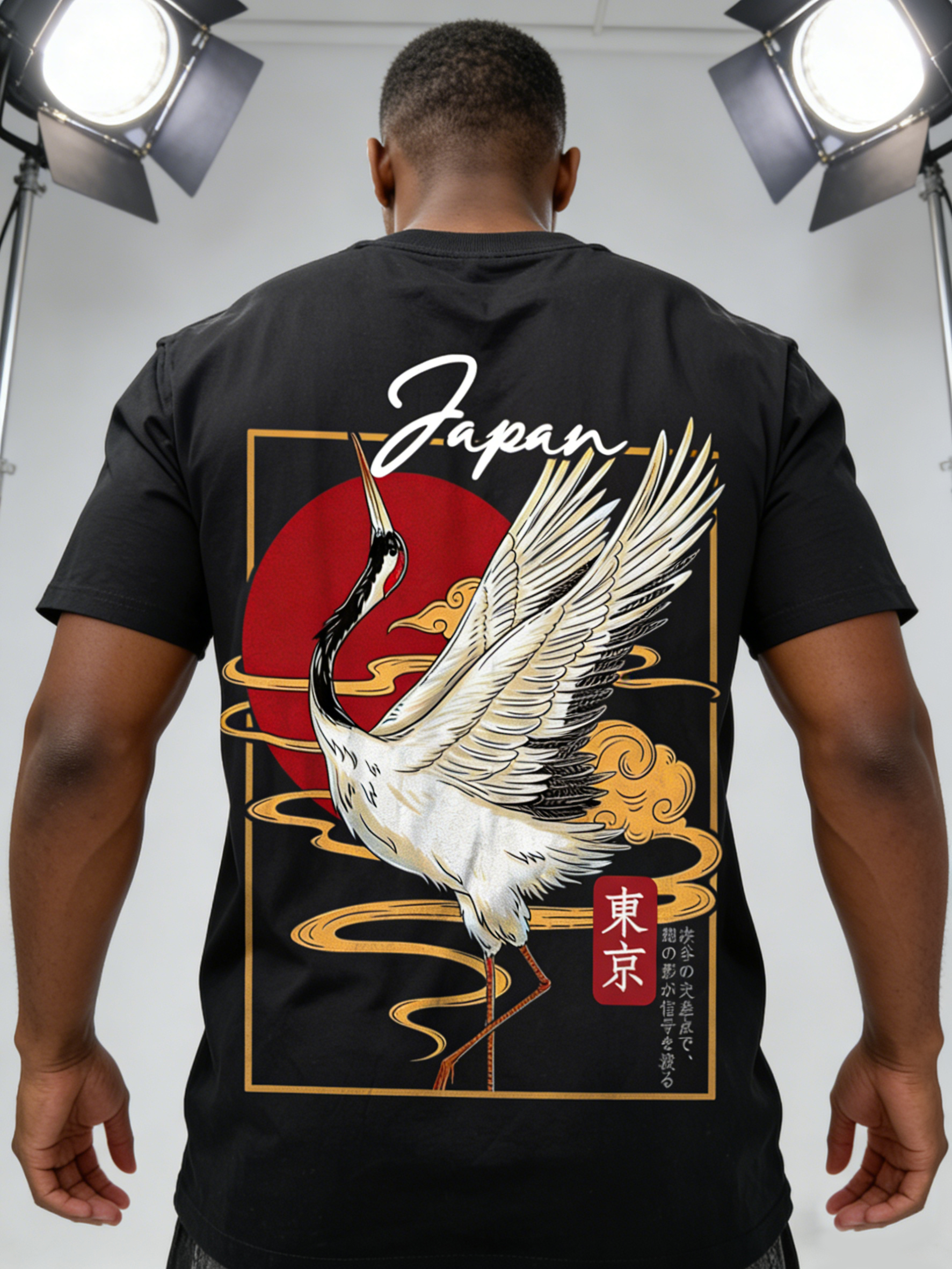 Sopula Japanese Art Japan Crane Graphic V-Neck T-Shirt Polyester Short Sleeve Vintage