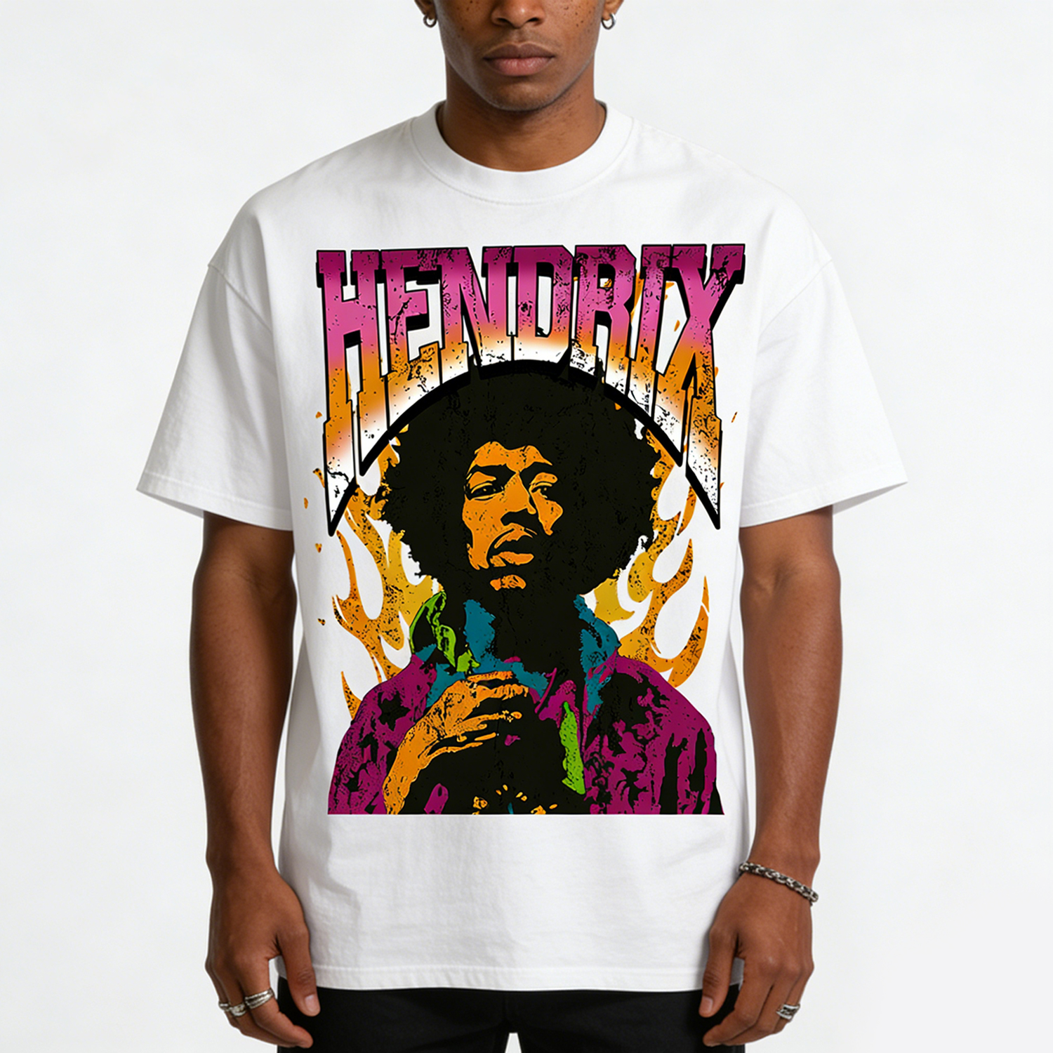 Sopula Jimi Hendrix Print V-Neck Short Sleeve Polyester T-Shirt Vintage Streetwear