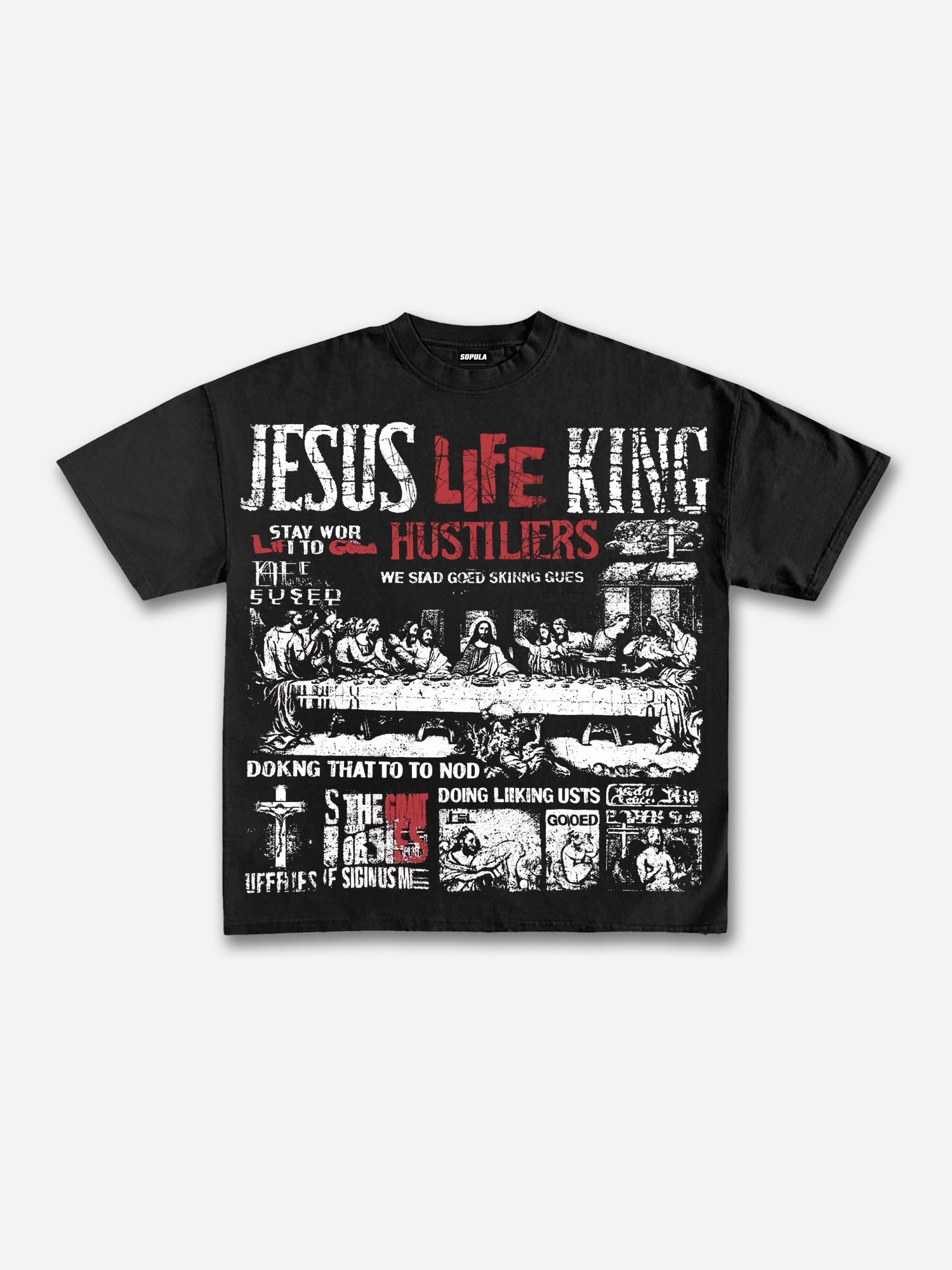 Sopula Life Hustlers Jesus Santa Cena Graphic V-Neck T-Shirt - Polyester Short Sleeve