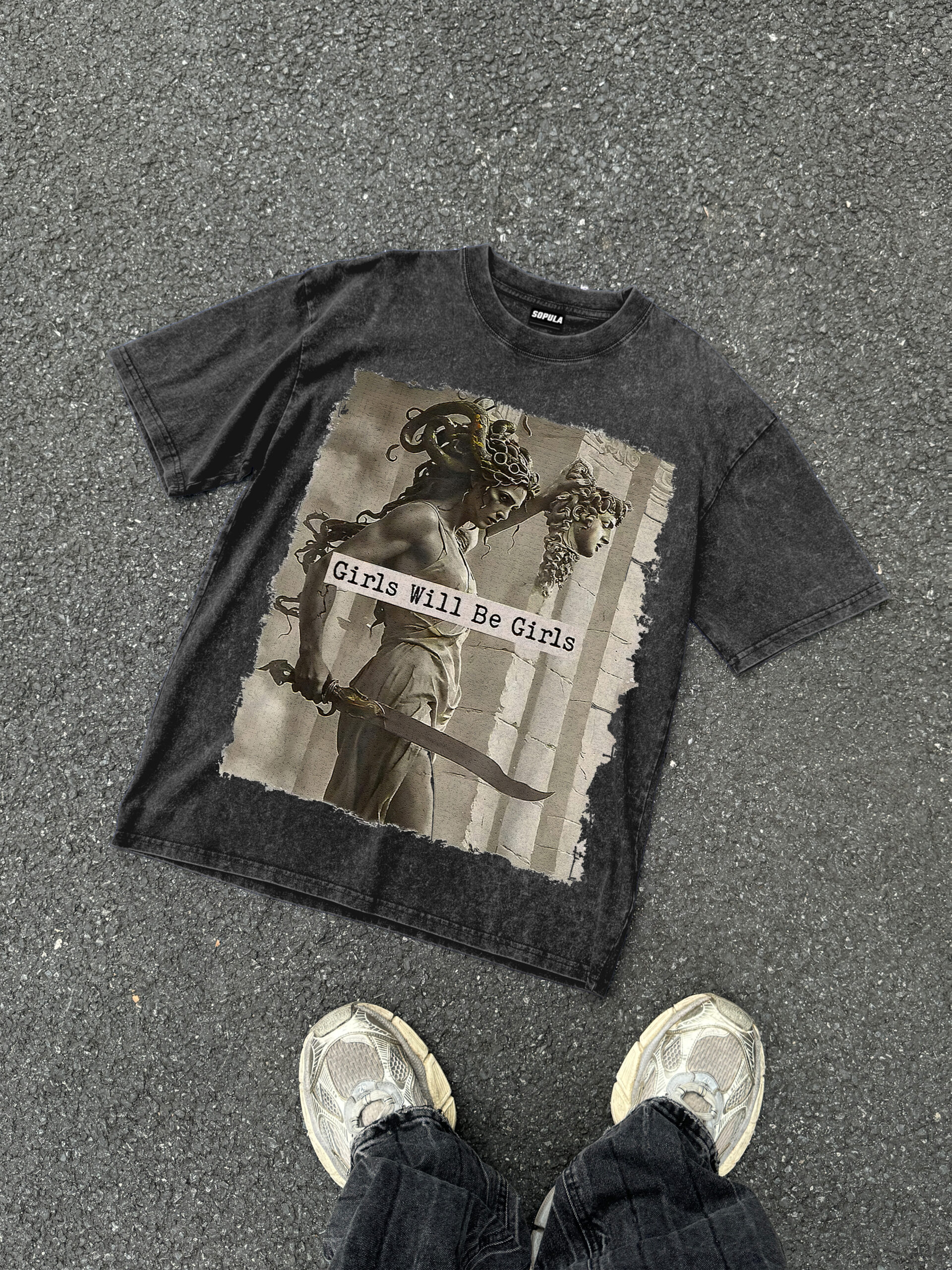 Sopula Medusa Girls Will Be Girls Feminist Graphic Acid Washed V-Neck T-Shirt