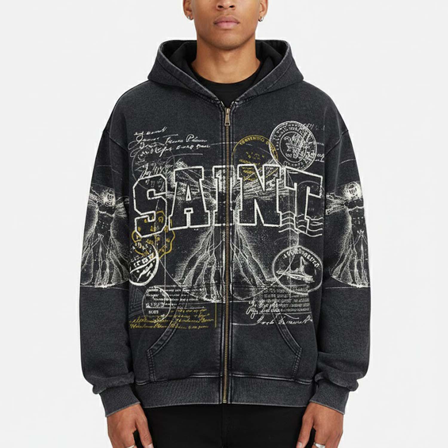 Sopula Men's Saints Vitruvian Man Vintage Graphic Washed Zip Up Hoodie Polyester Short Sleeve