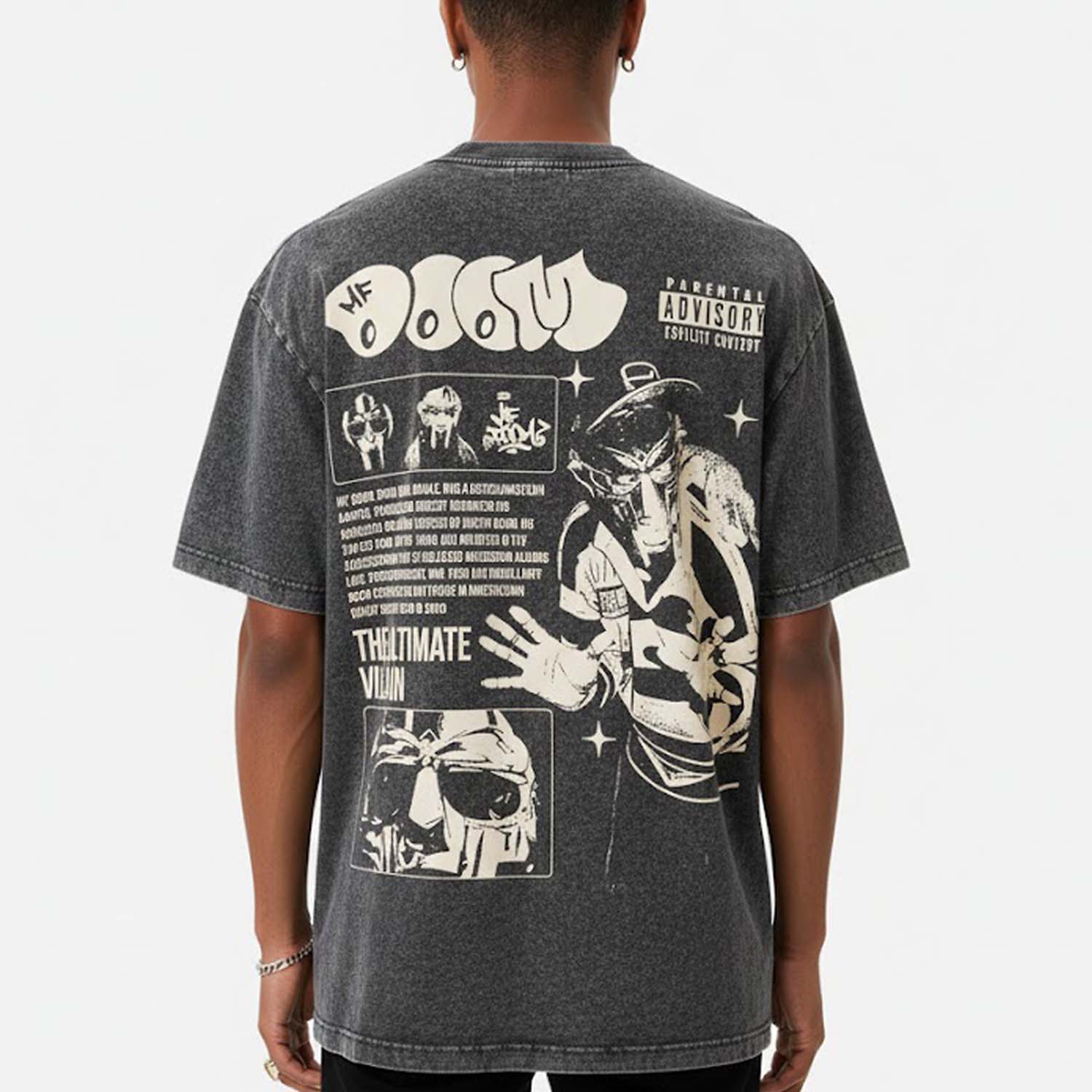 Sopula MF Doom Vintage Poster Graphic Acid Washed V-Neck T-Shirt - Polyester Short Sleeve