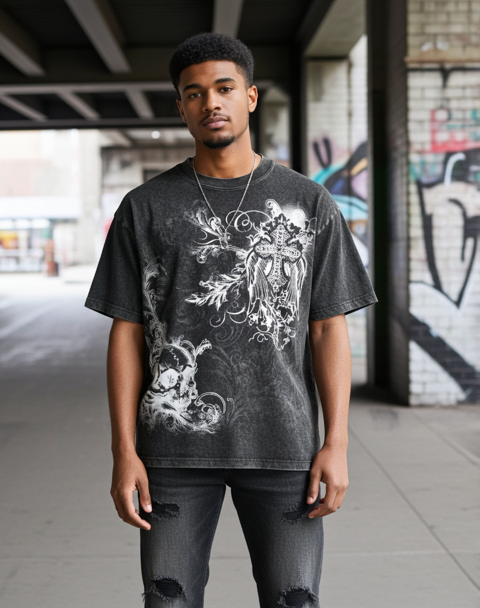 Sopula MMA Y2K Skull Cross Rococo Vintage Graphic Acid Washed V-Neck T-Shirt