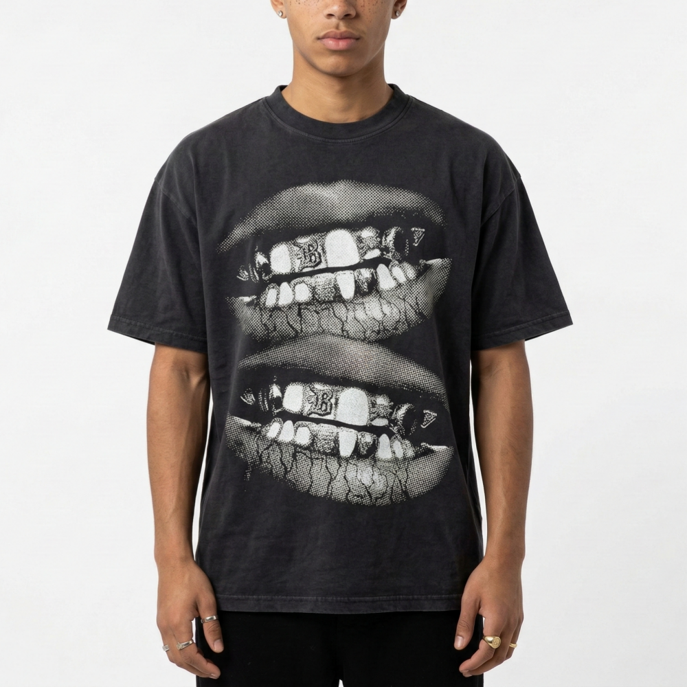 Sopula Retro Lip Graphic V-Neck Short Sleeve Polyester T-Shirt Vintage Style