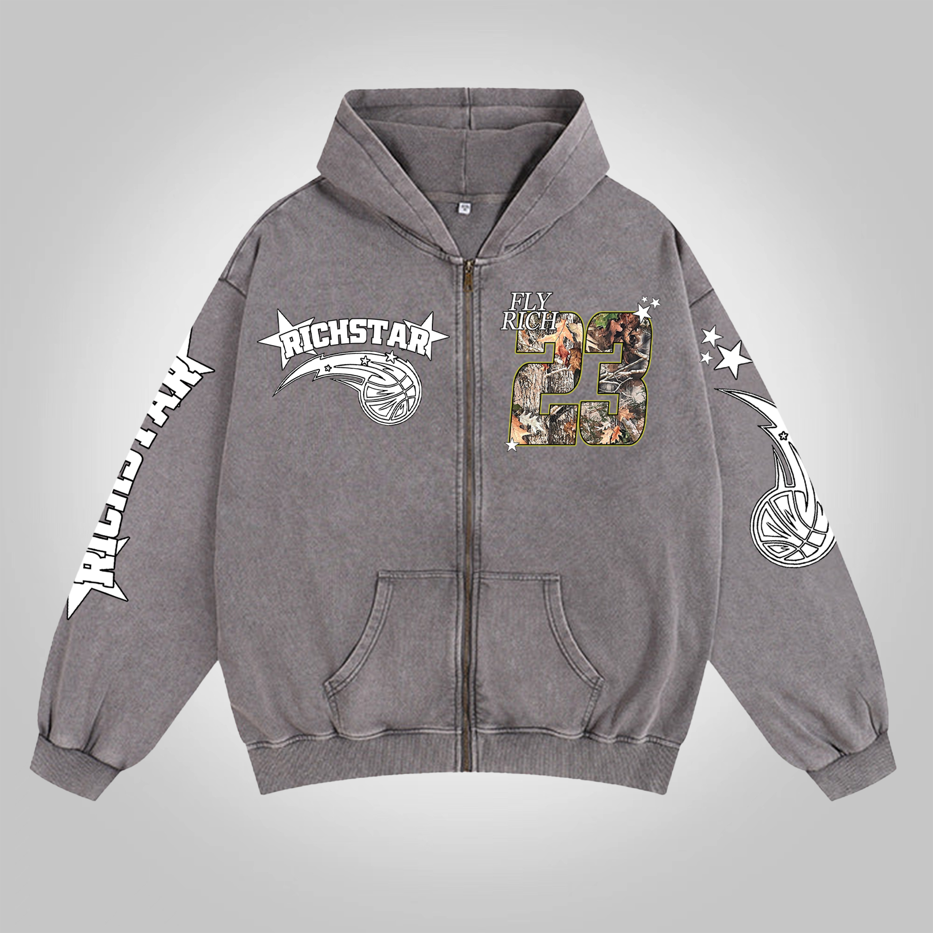 Sopula Rich Star Basketball No.23 Graphic Print Washed Zip-Up Hoodie - Polyester Short Sleeve Vintage