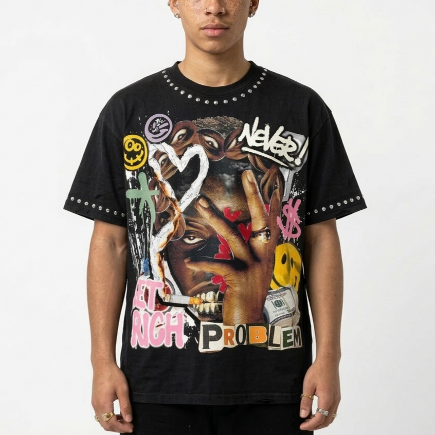 Sopula Richer Than My Opps Abstract Graphic Rhinestone V-Neck T-Shirt - Polyester Short Sleeve