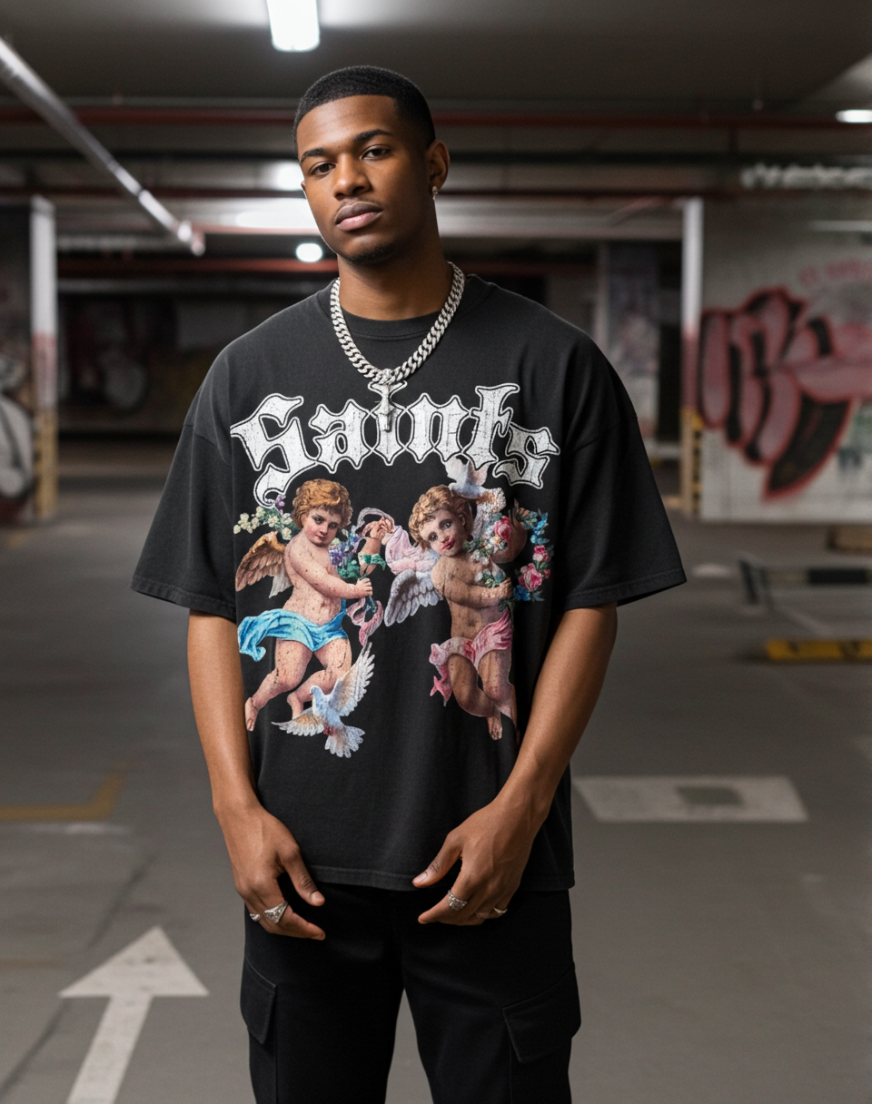 Sopula Saints Floral Angel Graphic V-Neck Short Sleeve Cotton T-Shirt Vintage Polyester Regular Length