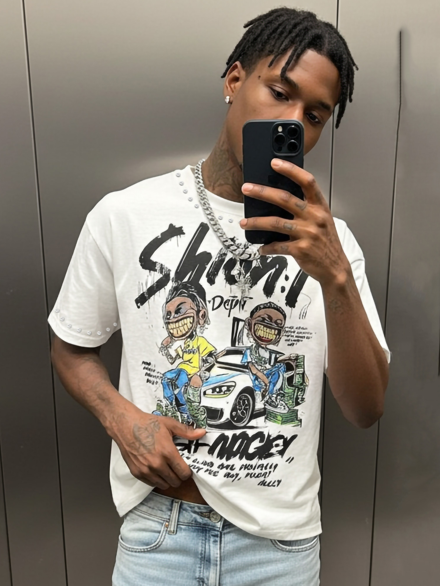 Sopula Street Cartoon Graffiti Character Print V-Neck Short Sleeve Polyester T-Shirt