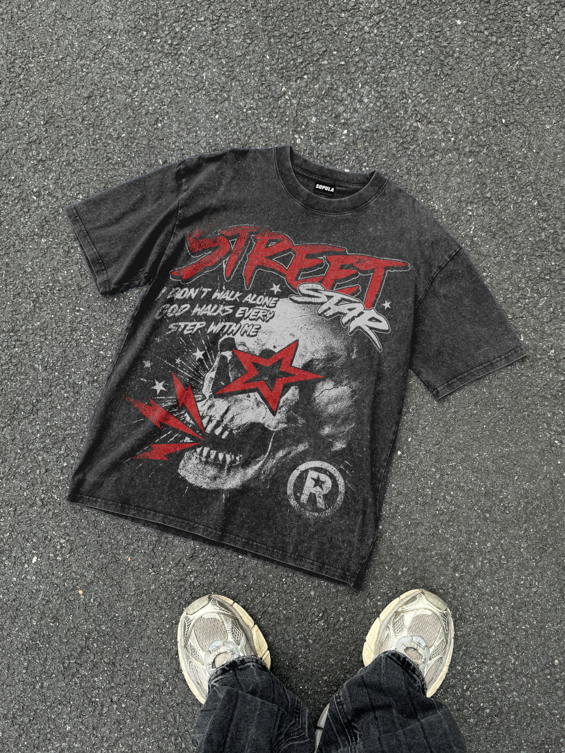 Sopula Street Star Skull Stars Vintage Graphic Acid Washed V-Neck T-Shirt Polyester Short Sleeve