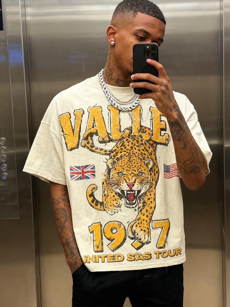 Sopula Valley Cheetah Graphic V-Neck T-Shirt - Polyester Short Sleeve Vintage Summer Streetwear