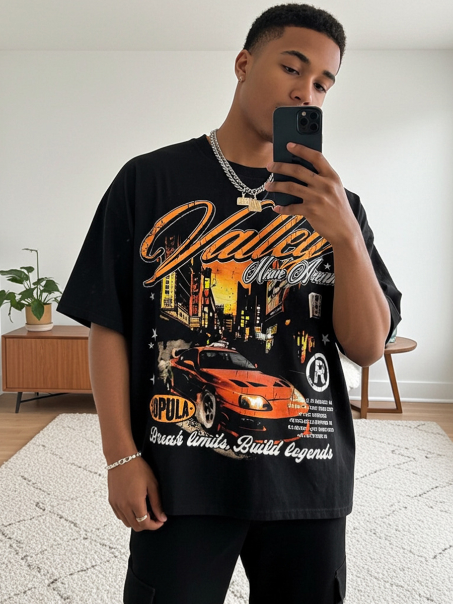 Sopula Valley Neon Street Racing Vintage Graphic V-Neck Short Sleeve Cotton T-Shirt