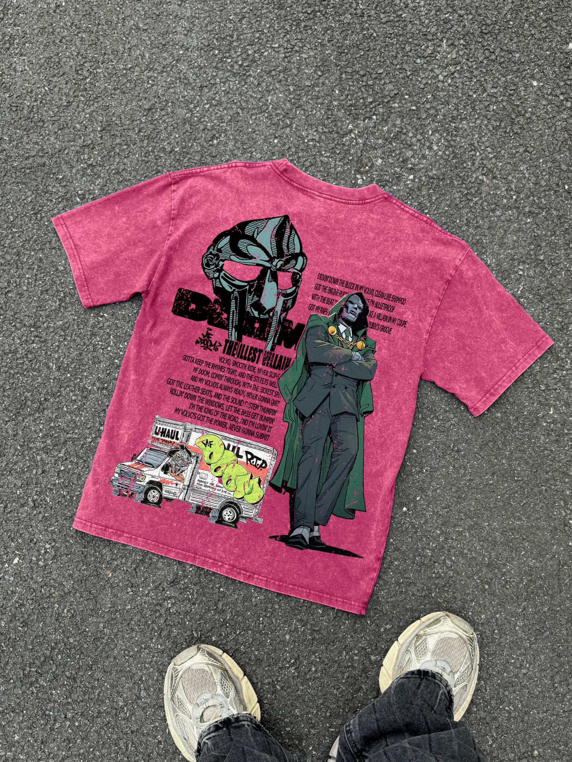 Sopula Vintage MF Doom The Illest Villain Graphic Print Acid Washed V-Neck T-Shirt