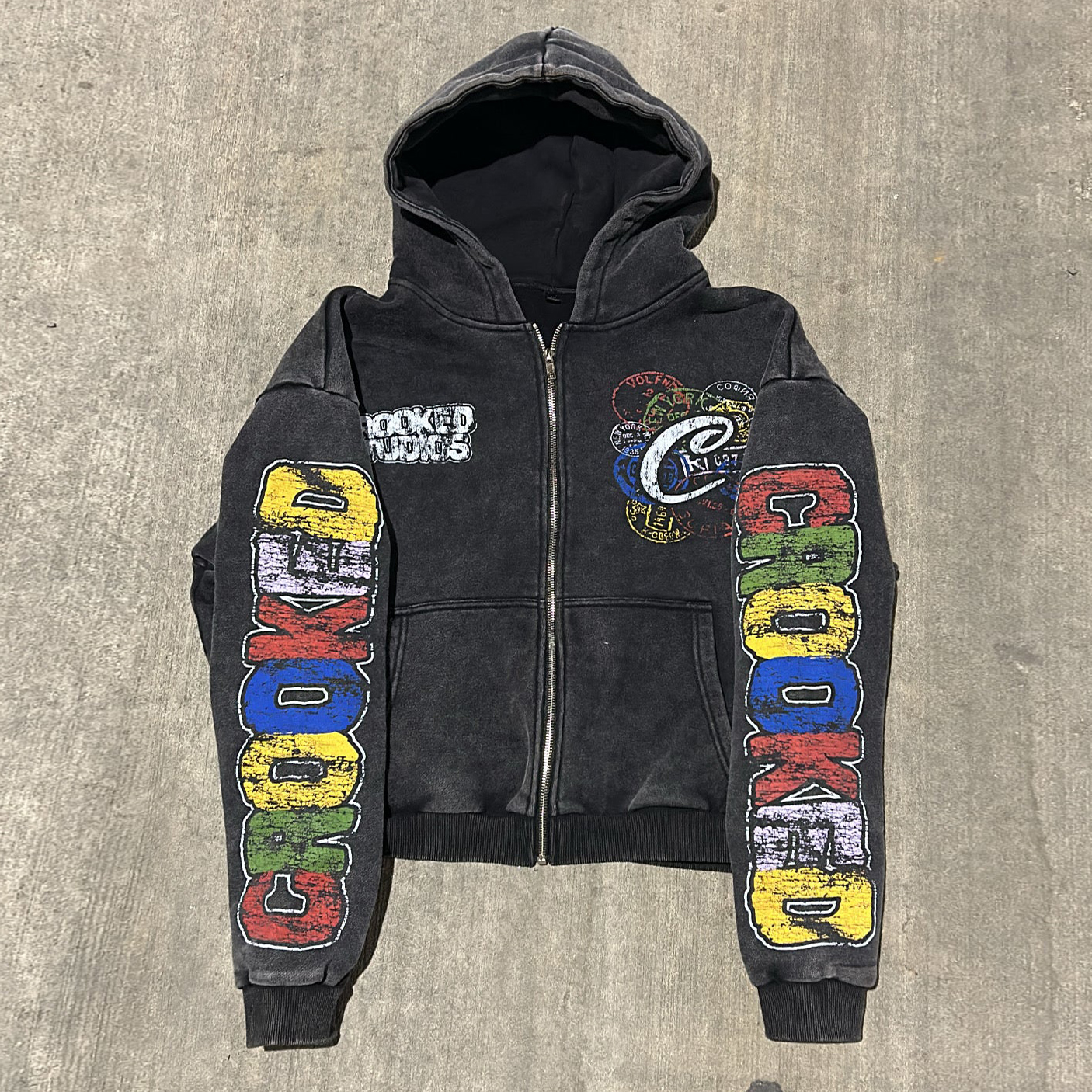 Sopula Vintage Pattern Print Washed Cotton Zip-Up Hoodie - Short Sleeve V-Neck Streetwear