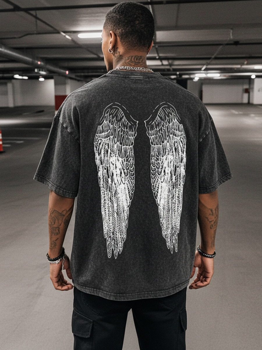 Sopula Y2K Angel Wings Gothic Dark Graphic Acid Washed V-Neck T-Shirt