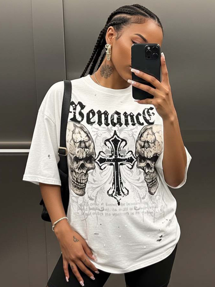 Sopula Y2K Gothic Skull Cross Graphic V-Neck T-Shirt - Polyester Short Sleeve Regular Length