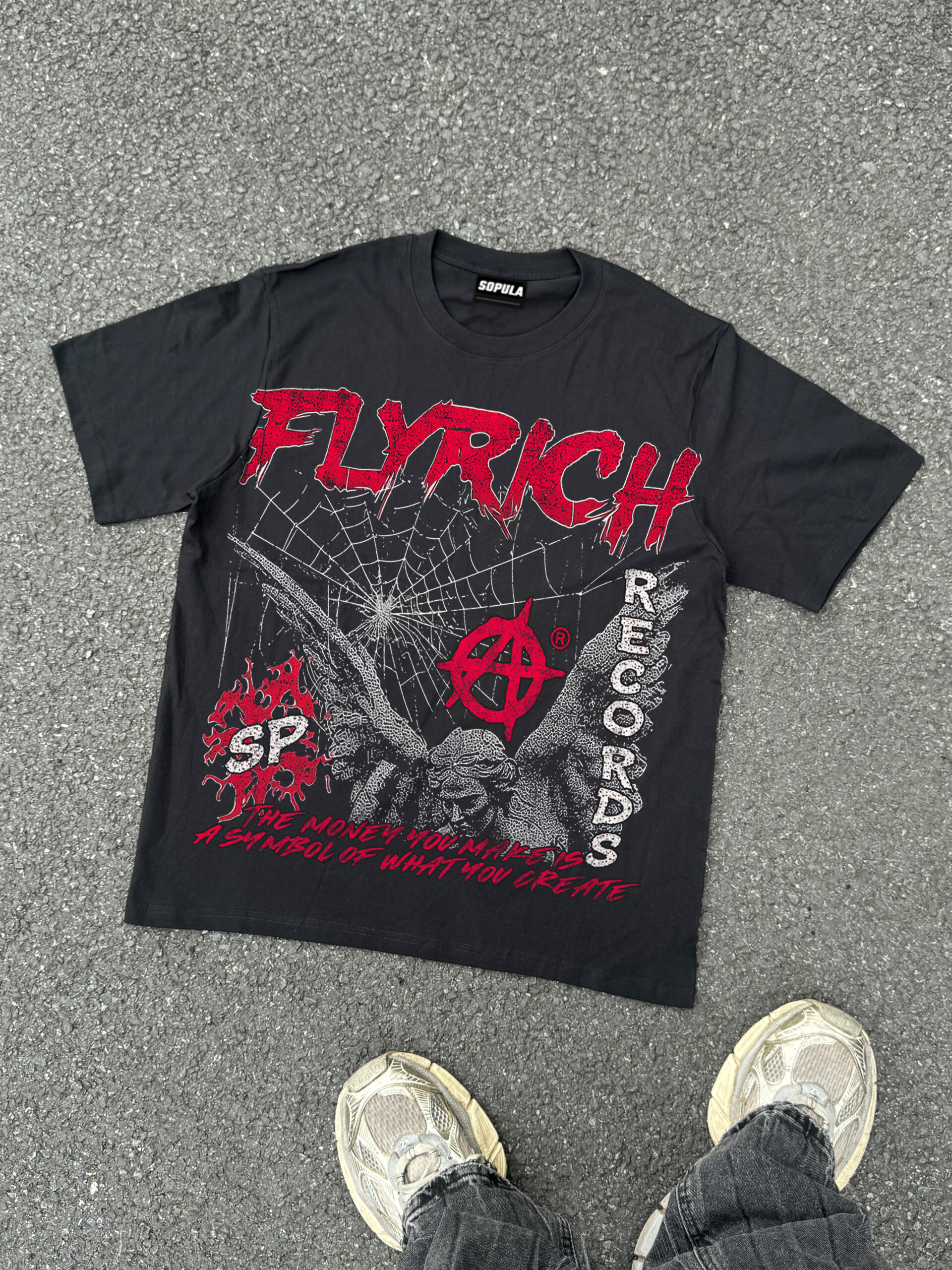 Sopula Y2K Vintage Flyrich World Graphic V-Neck Short Sleeve Cotton T-Shirt