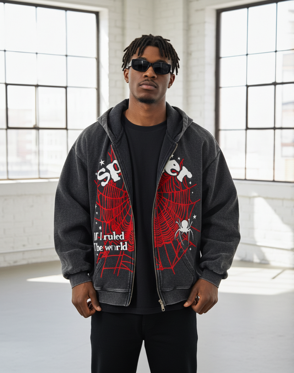 Spider Web If I Ruled The World Vintage Graphic Acid Washed Oversized Zip-up Hoodie